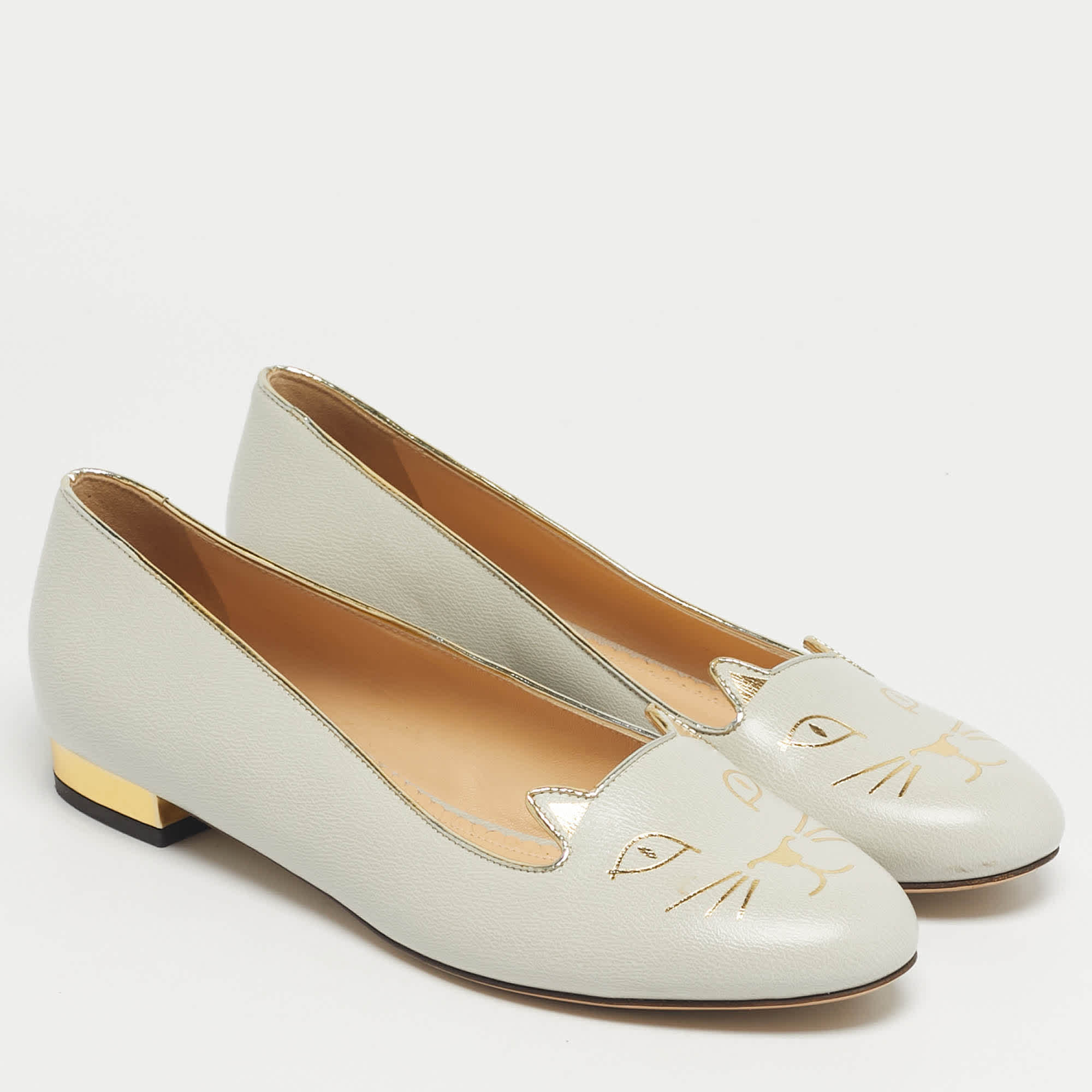 Charlotte Olympia Grey Leather Kitty Ballet Flats