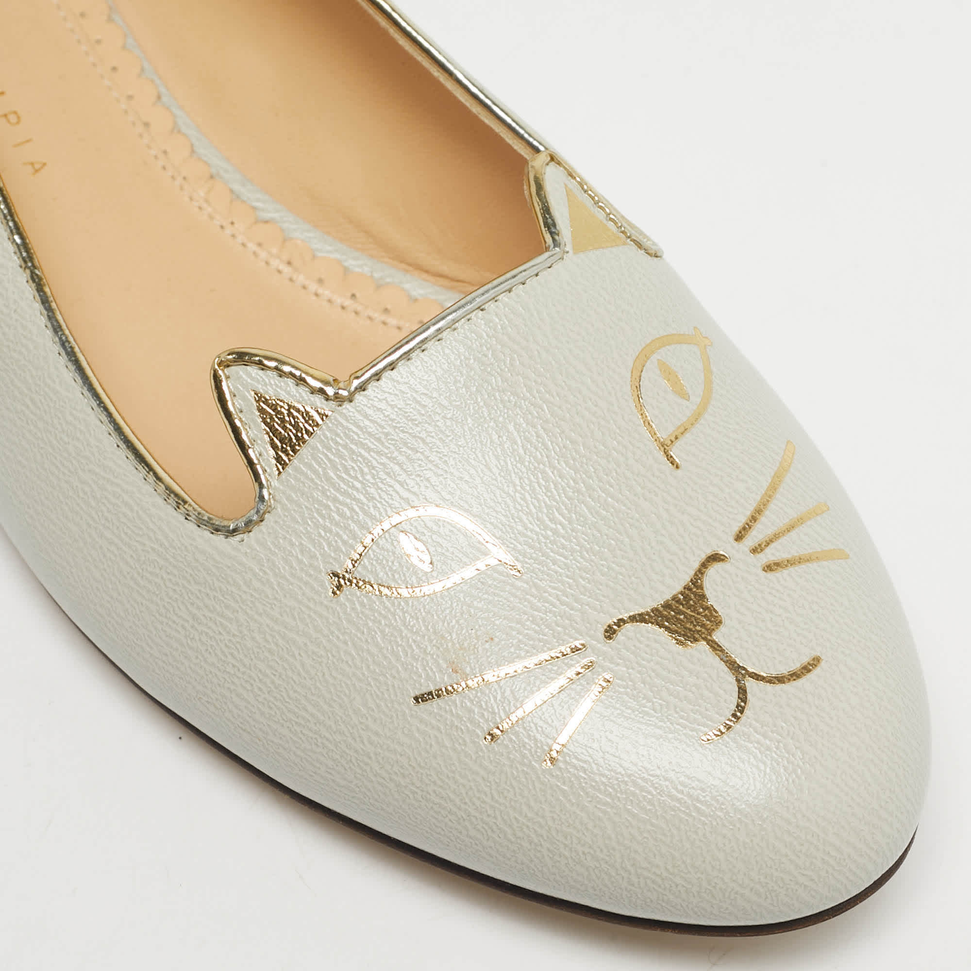 Charlotte Olympia Grey Leather Kitty Ballet Flats