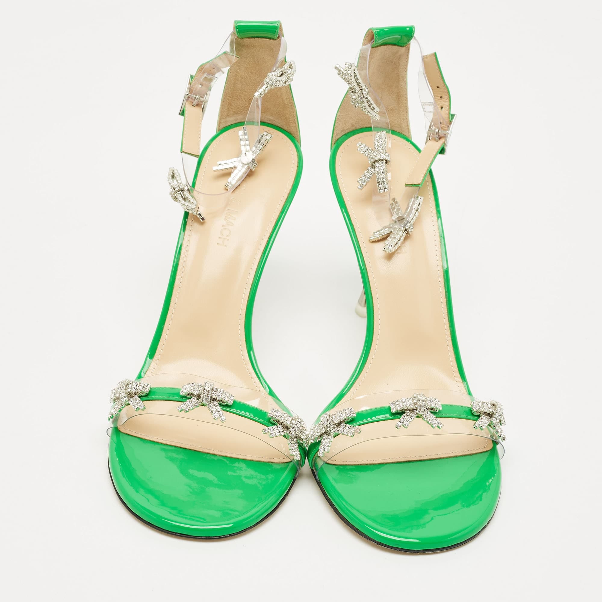 Mach & Mach Green Patent Leather And Pvc Floating Crystal Bow Sandals