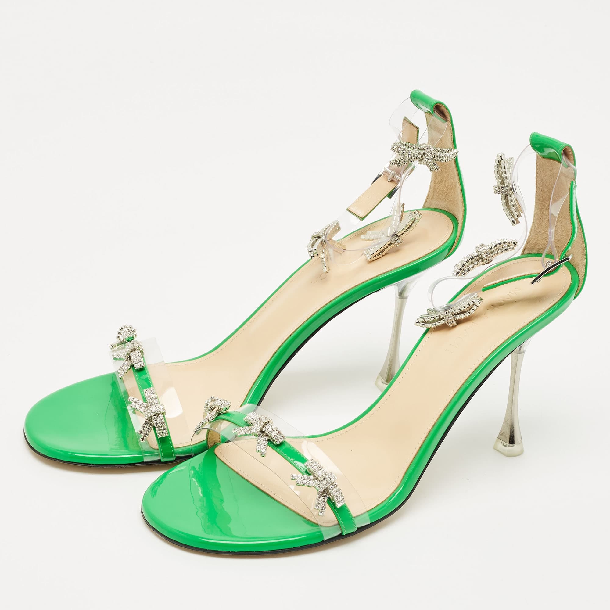 Mach & Mach Green Patent Leather And Pvc Floating Crystal Bow Sandals
