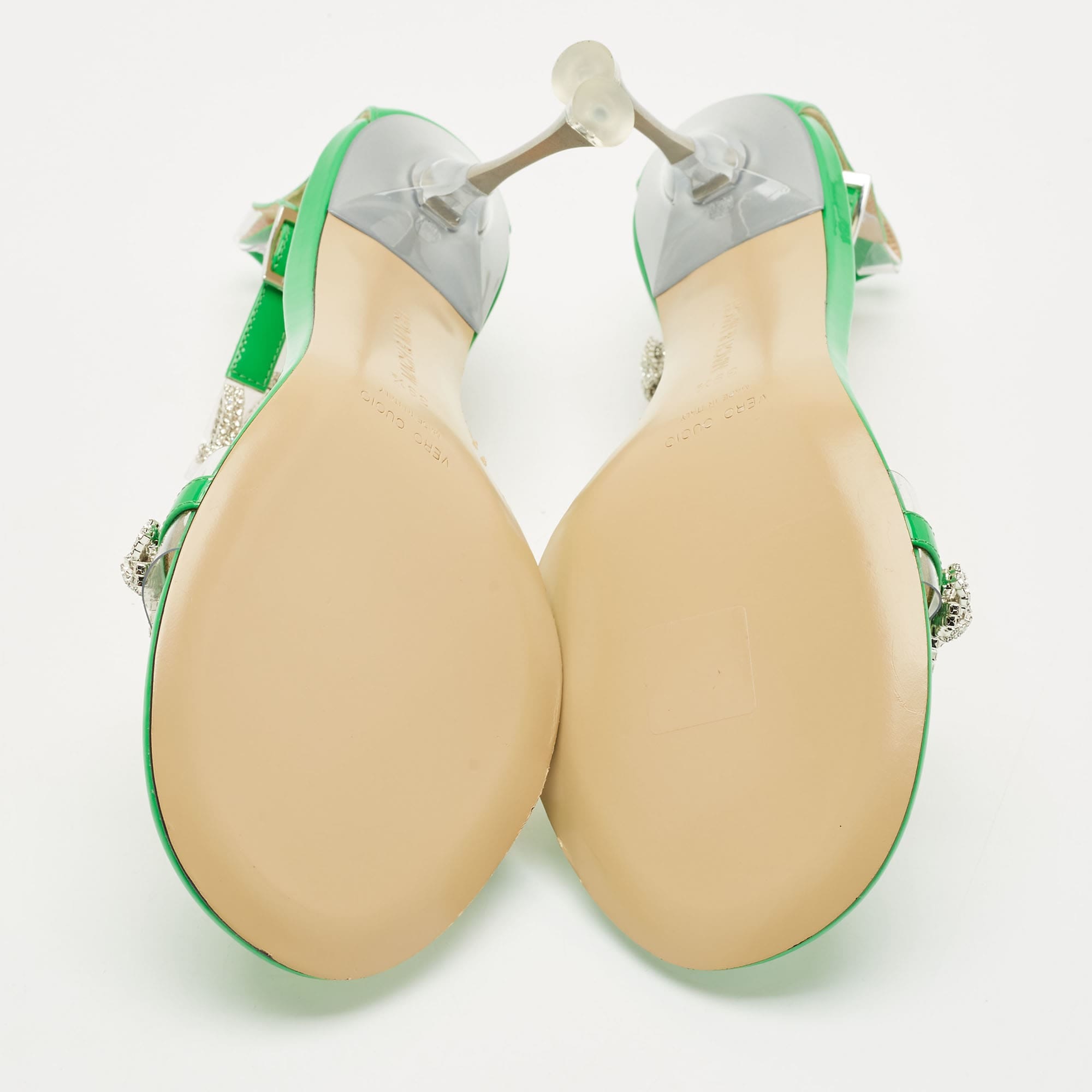 Mach & Mach Green Patent Leather And Pvc Floating Crystal Bow Sandals