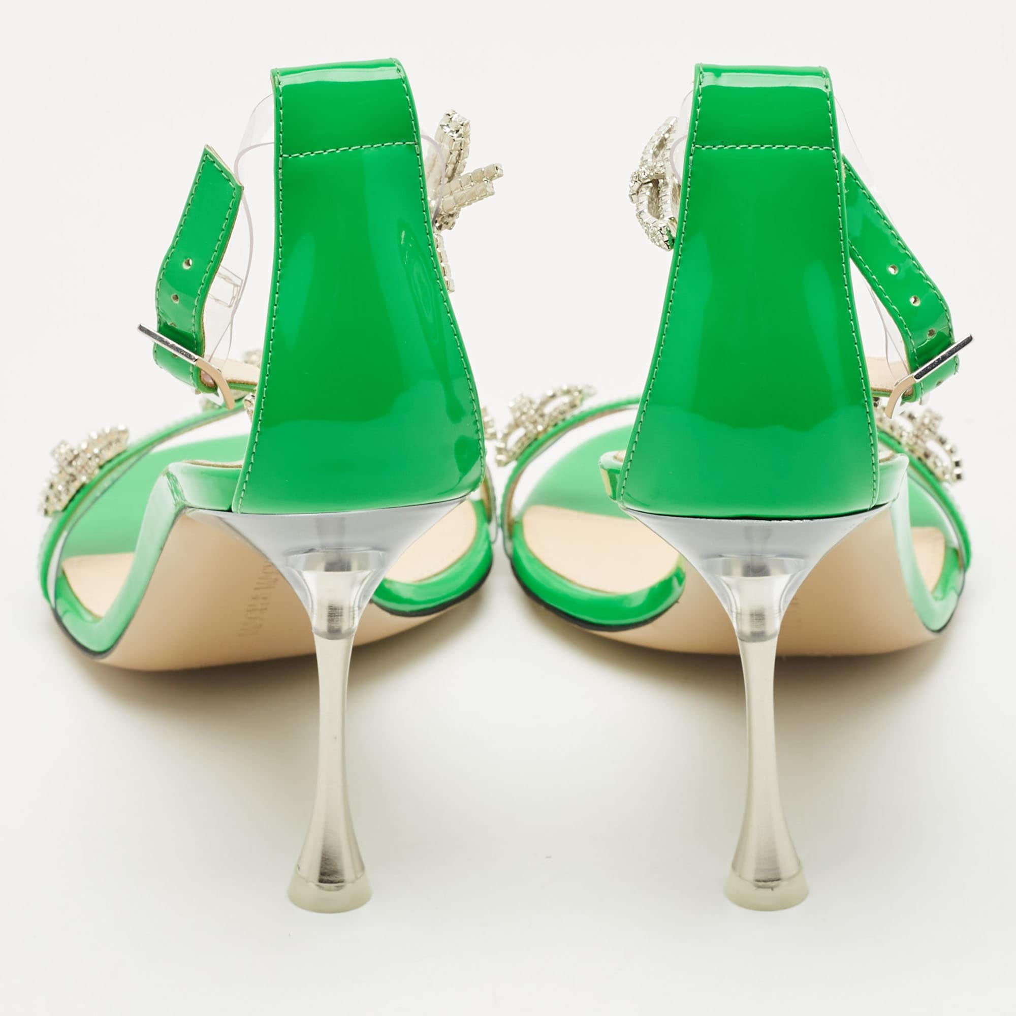 Mach & Mach Green Patent Leather And Pvc Floating Crystal Bow Sandals