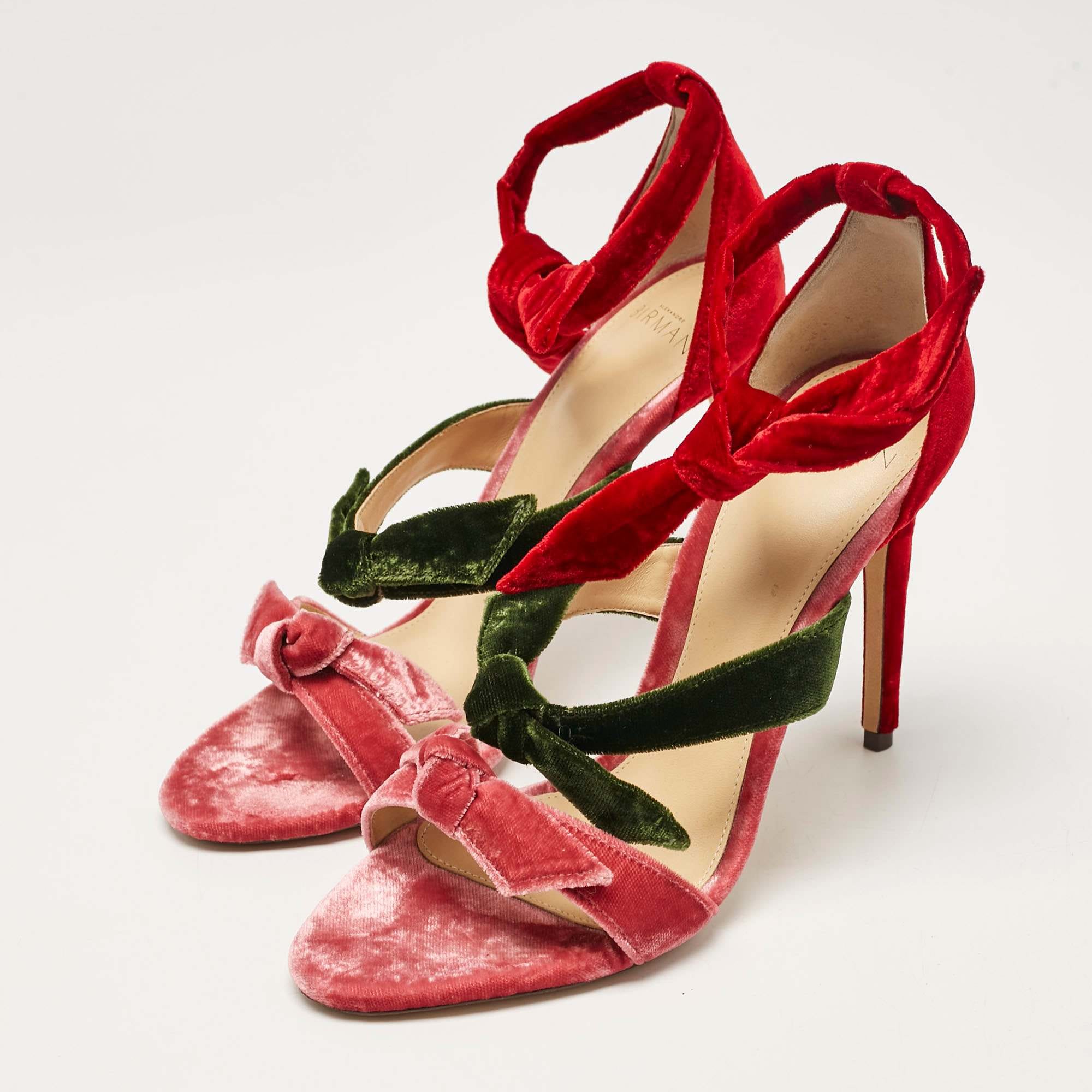 Alexandre Birman Multicolor Velvet Gianna Three Bow Ankle Wrap Sandals