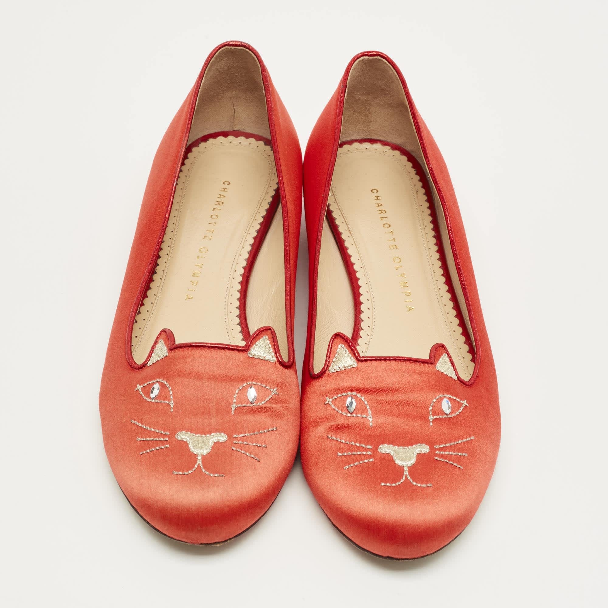 Charlotte Olympia Red Satin Cheeky Kitty Ballet Flats