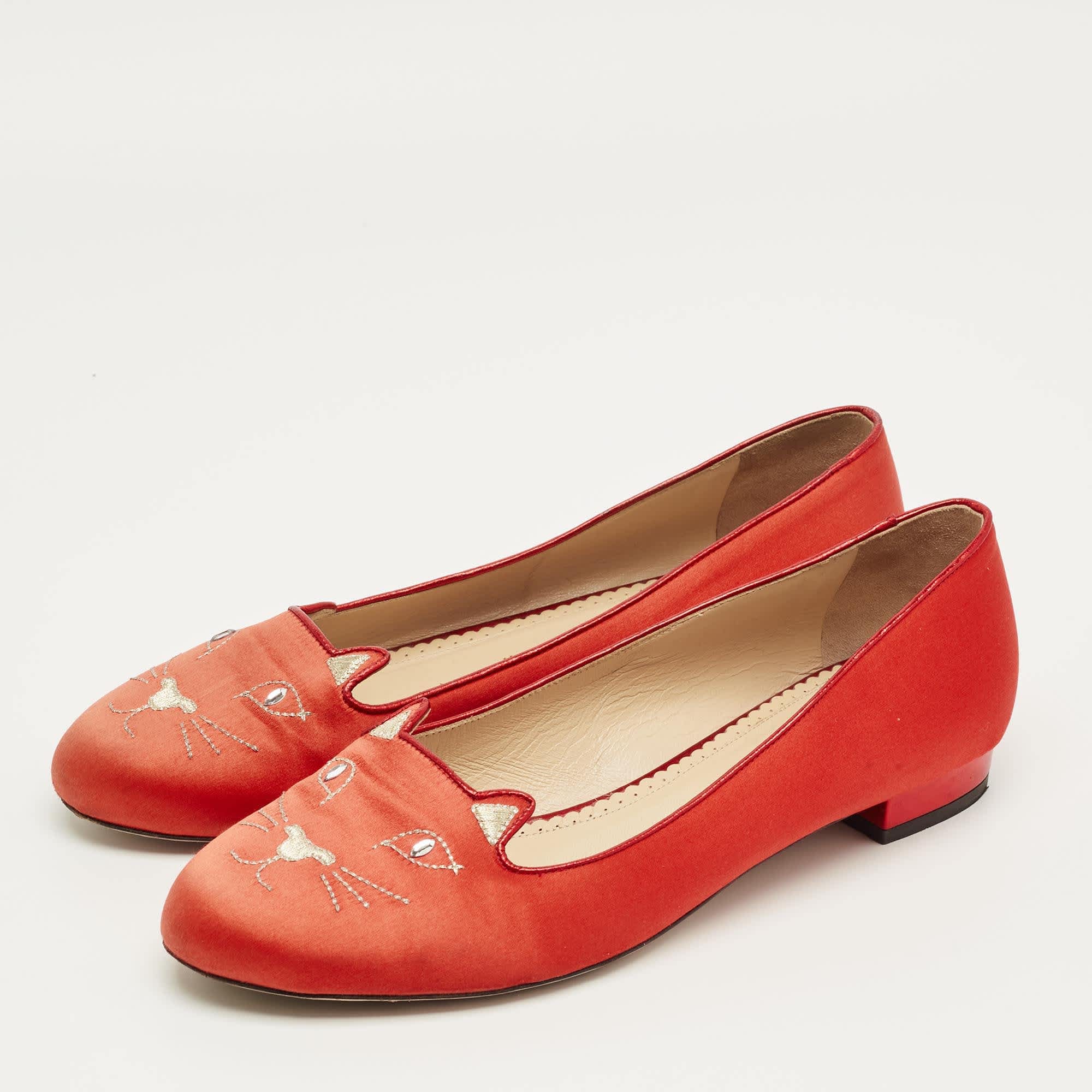 Charlotte Olympia Red Satin Cheeky Kitty Ballet Flats