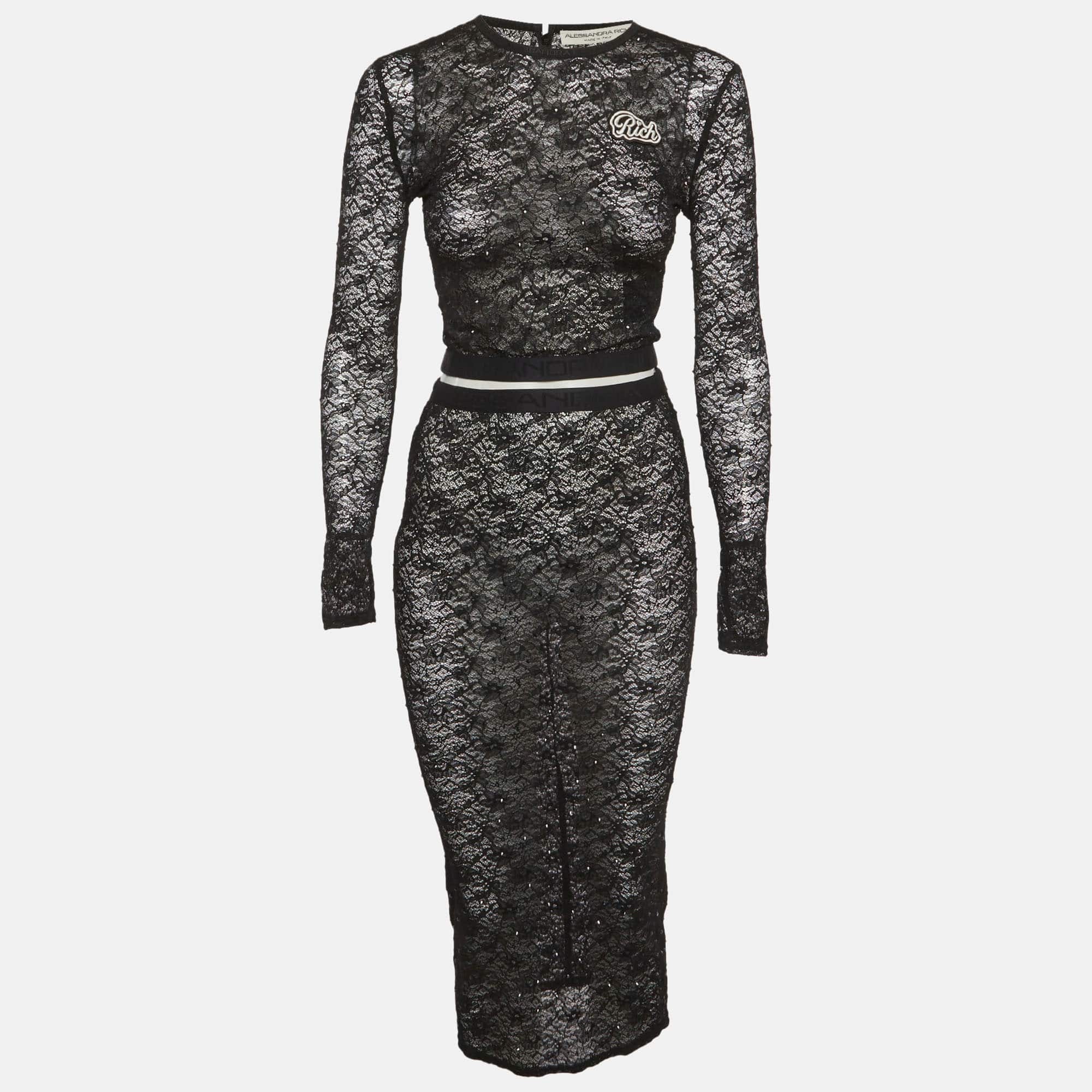 Alessandra Rich Black Rhinestone Stretch Lace Sheer Top