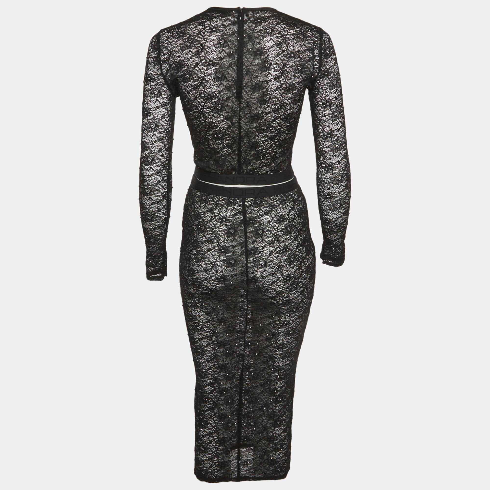 Alessandra Rich Black Rhinestone Stretch Lace Sheer Top