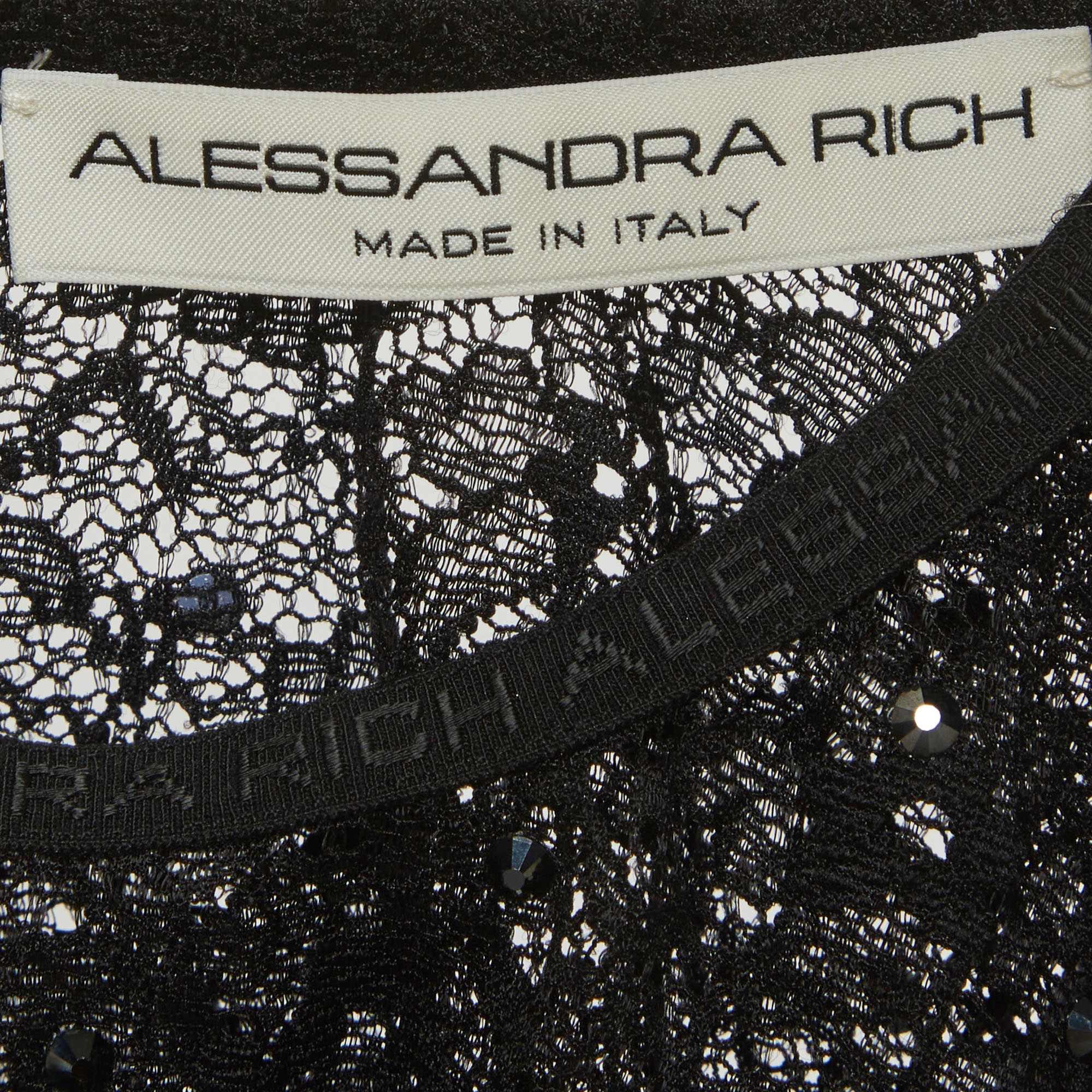 Alessandra Rich Black Rhinestone Stretch Lace Sheer Top