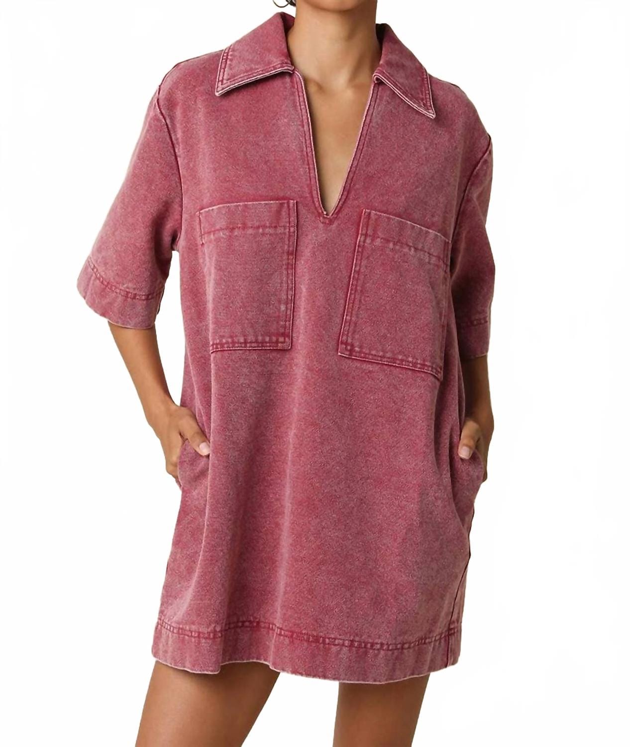 Vintage Washed Vintage Denim Dress In Burgundy