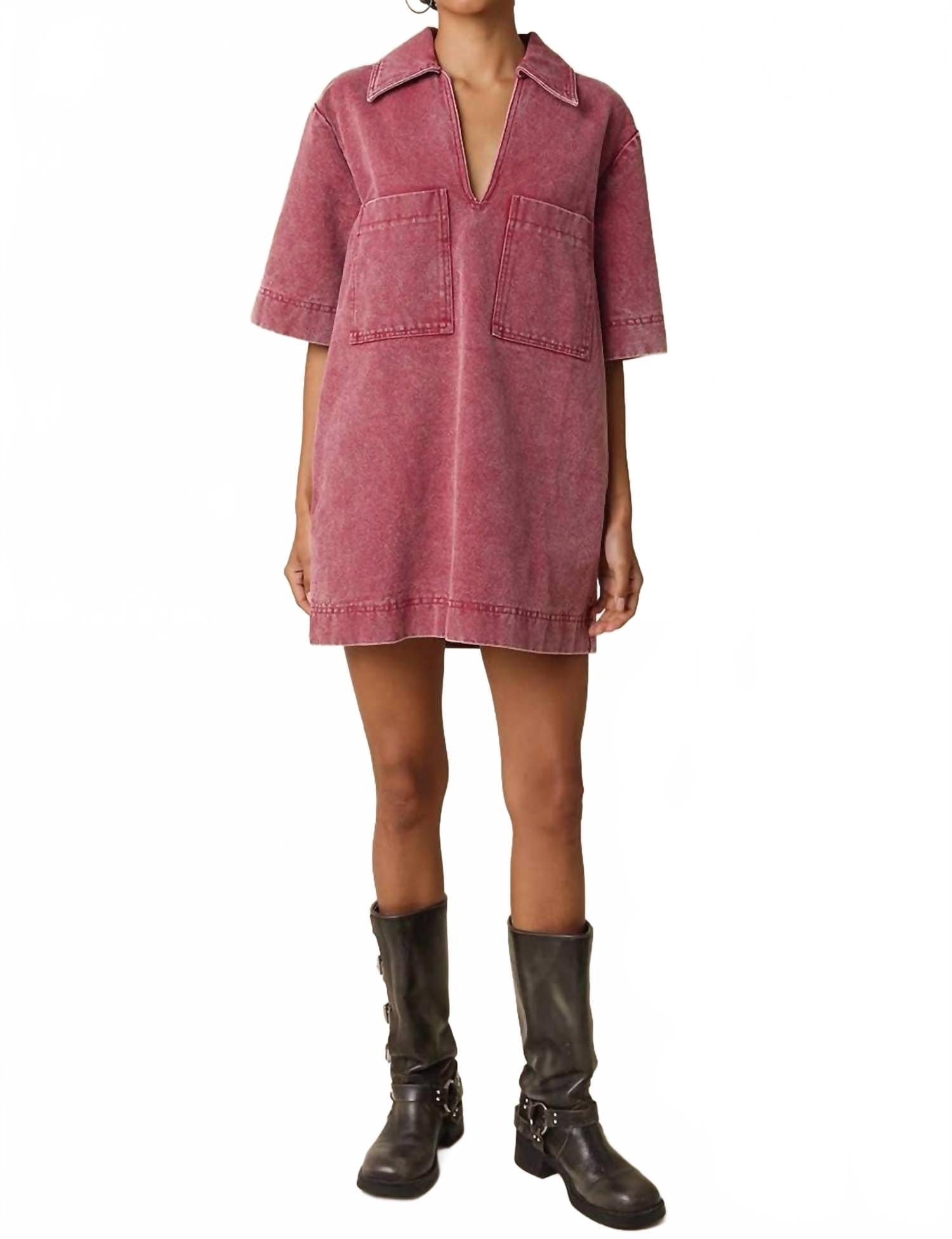 Vintage Washed Vintage Denim Dress In Burgundy