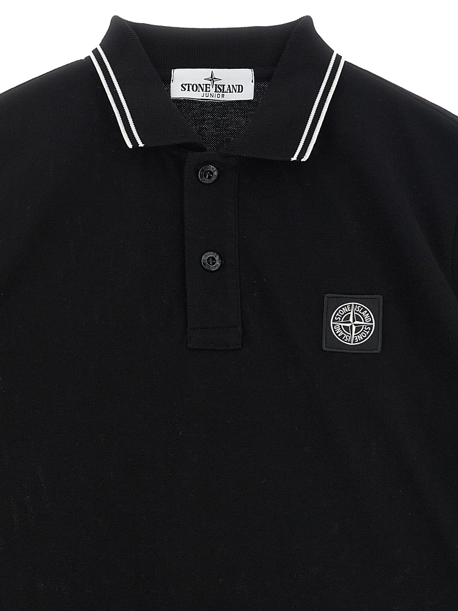 Stone Island Junior Compass Logo Cotton Piqué Polo Shirt — Black