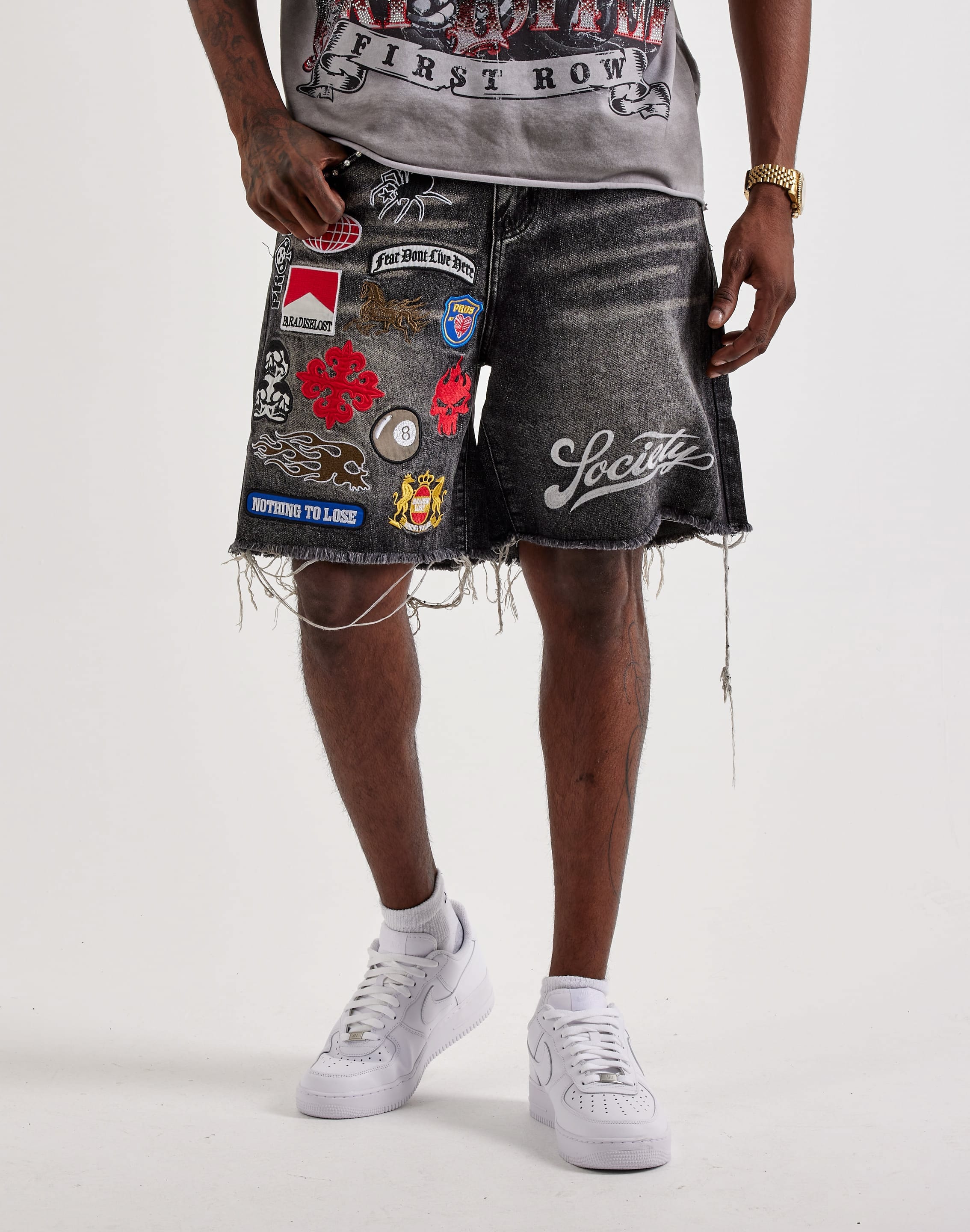 Paradise Lost Patches Distressed Denim Shorts