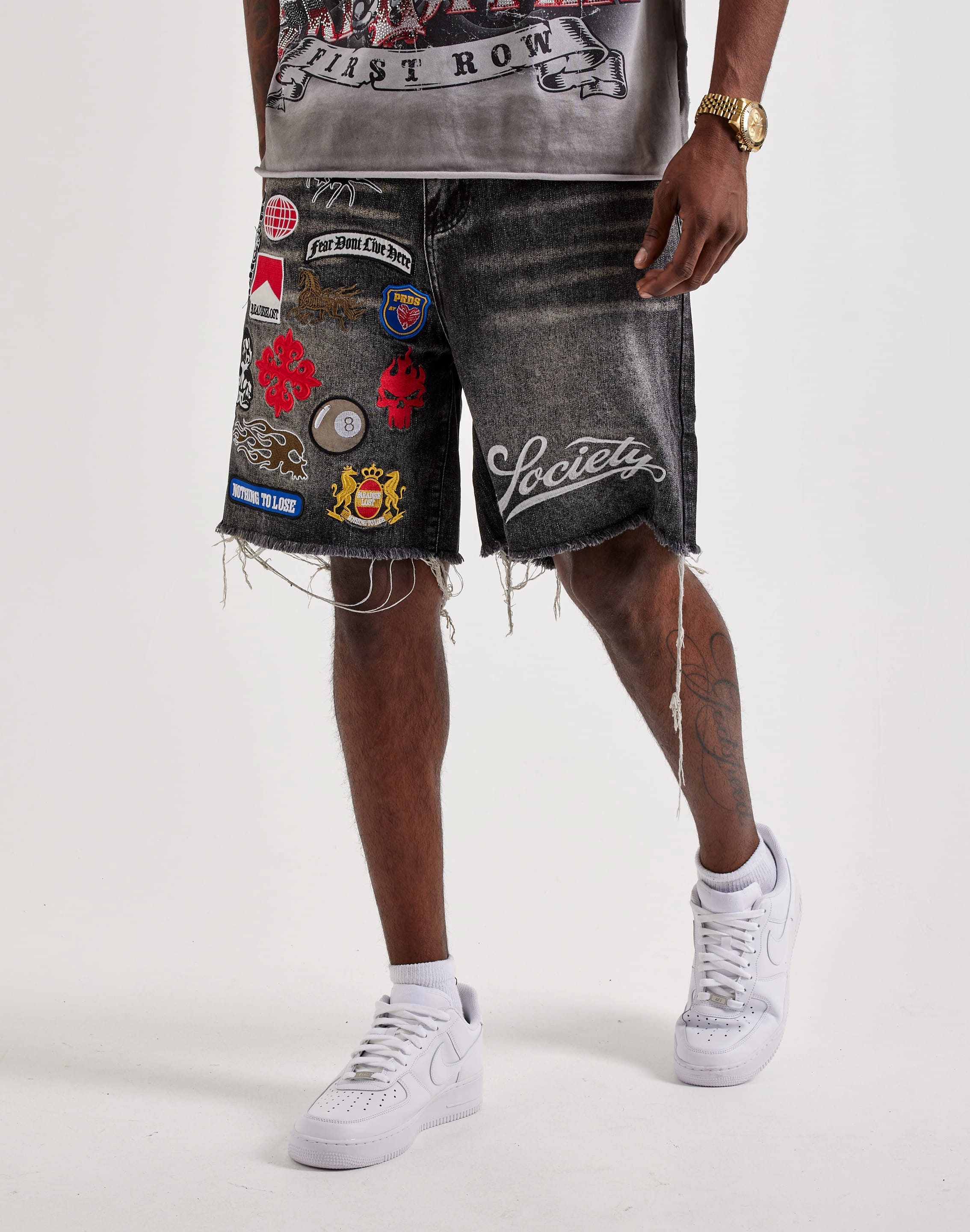 Paradise Lost Patches Distressed Denim Shorts