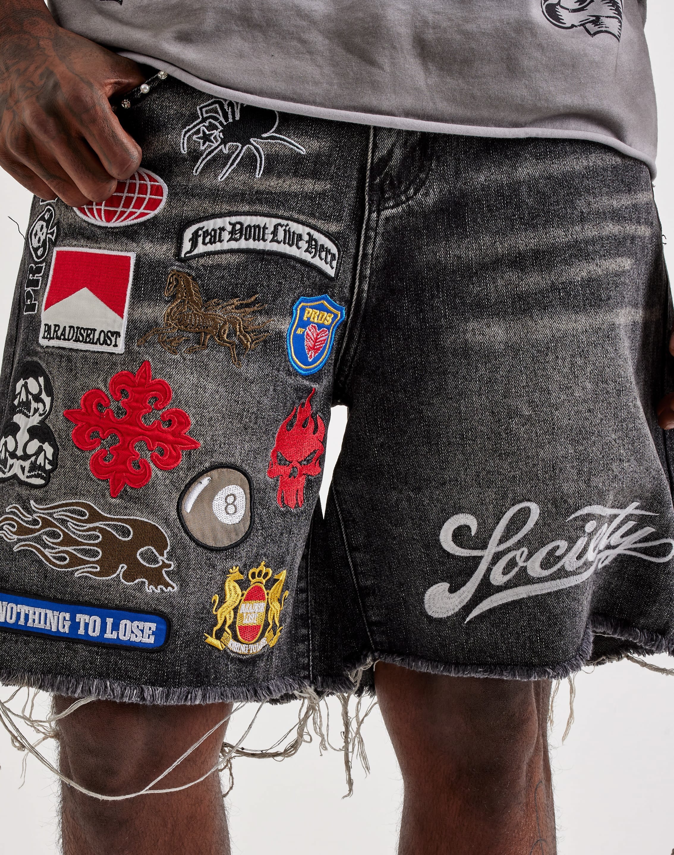 Paradise Lost Patches Distressed Denim Shorts