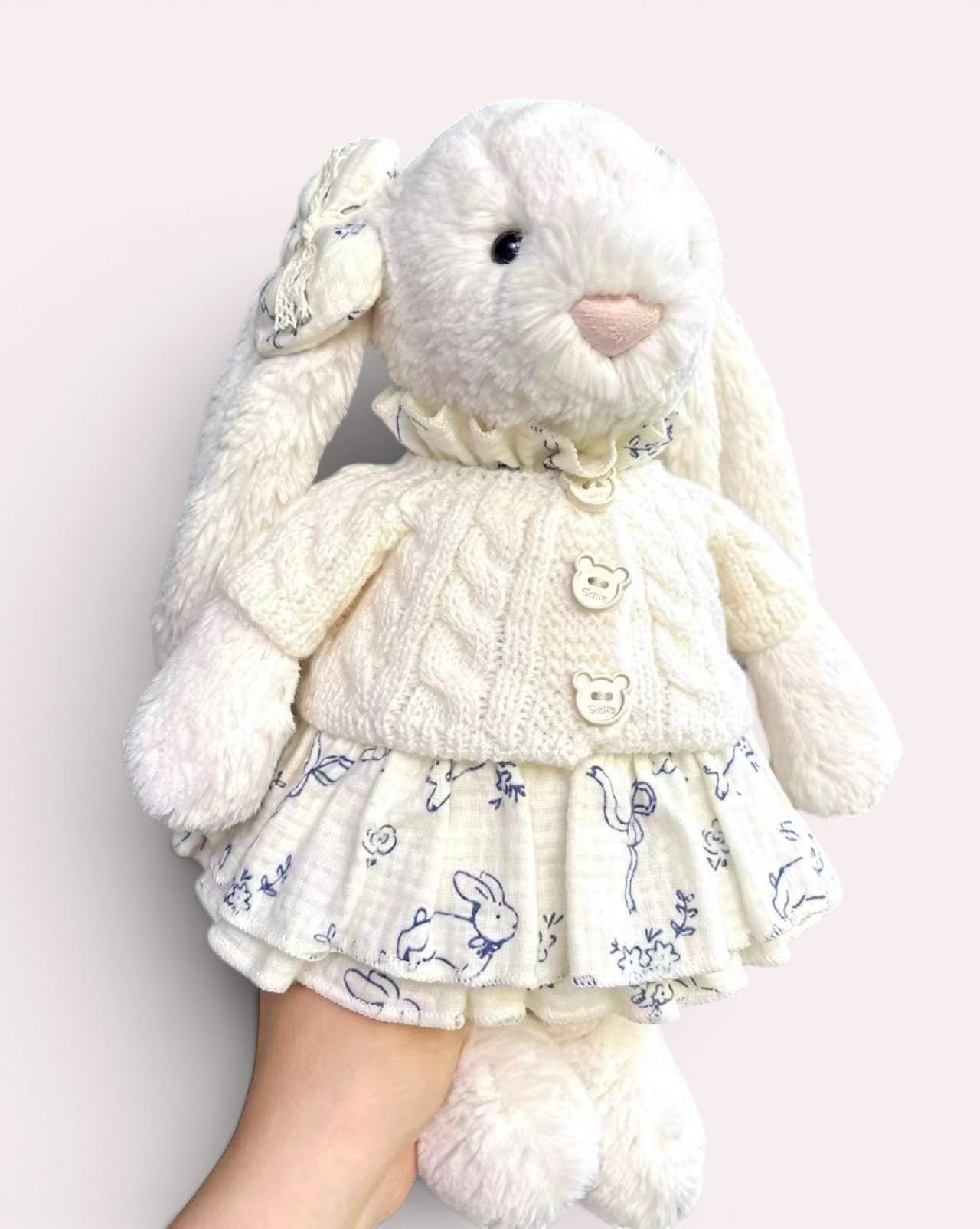 Jellycat 31 cm Bunny White Cable - Knit Cardigan with Bunny Print Skirt Set