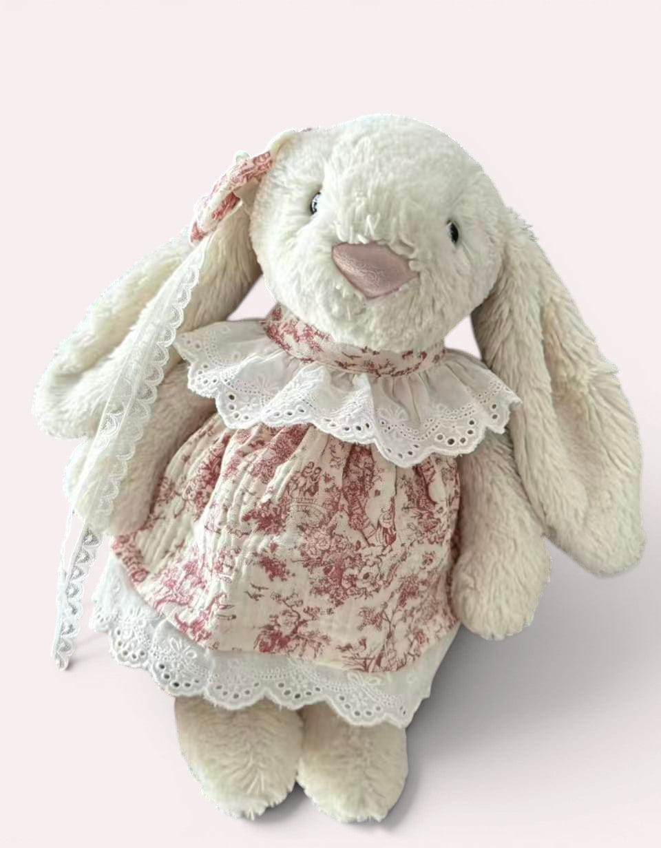 Jellycat 31 cm Bunny Red Toile De Jouy Print Lace Dress with Bonnet Set