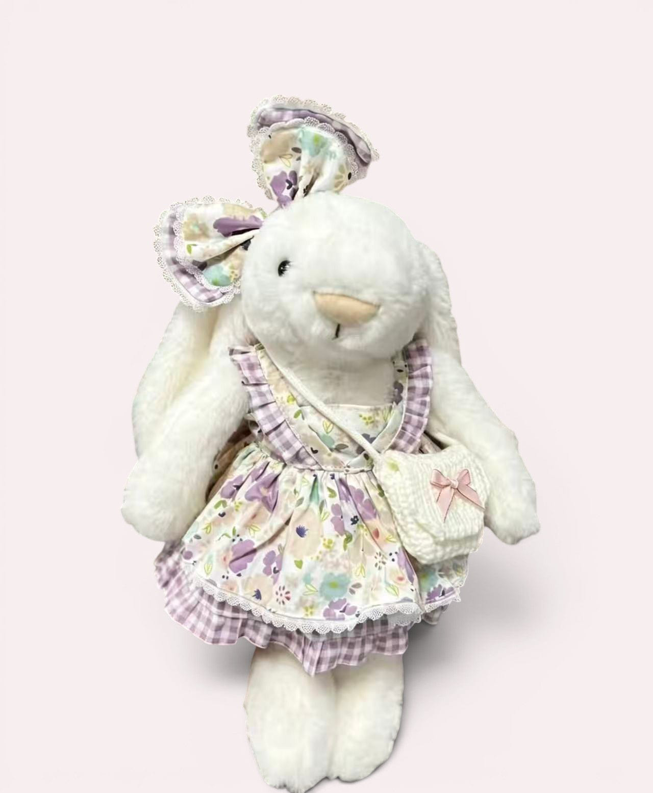 Jellycat 31 cm Bunny Purple Floral Gingham Pinafore Dress with Knit Bag Set