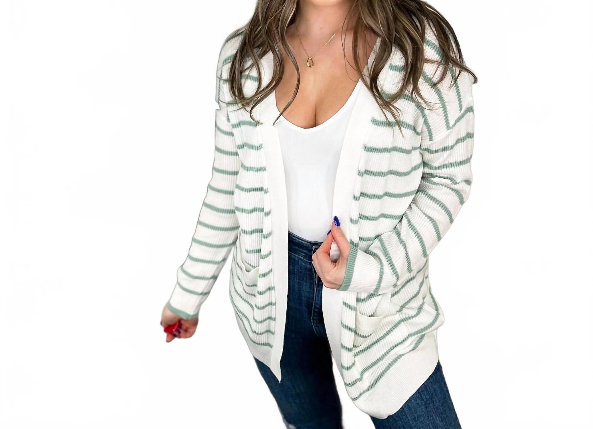 Knit Stripes Long Sleeve Cardigan In Green
