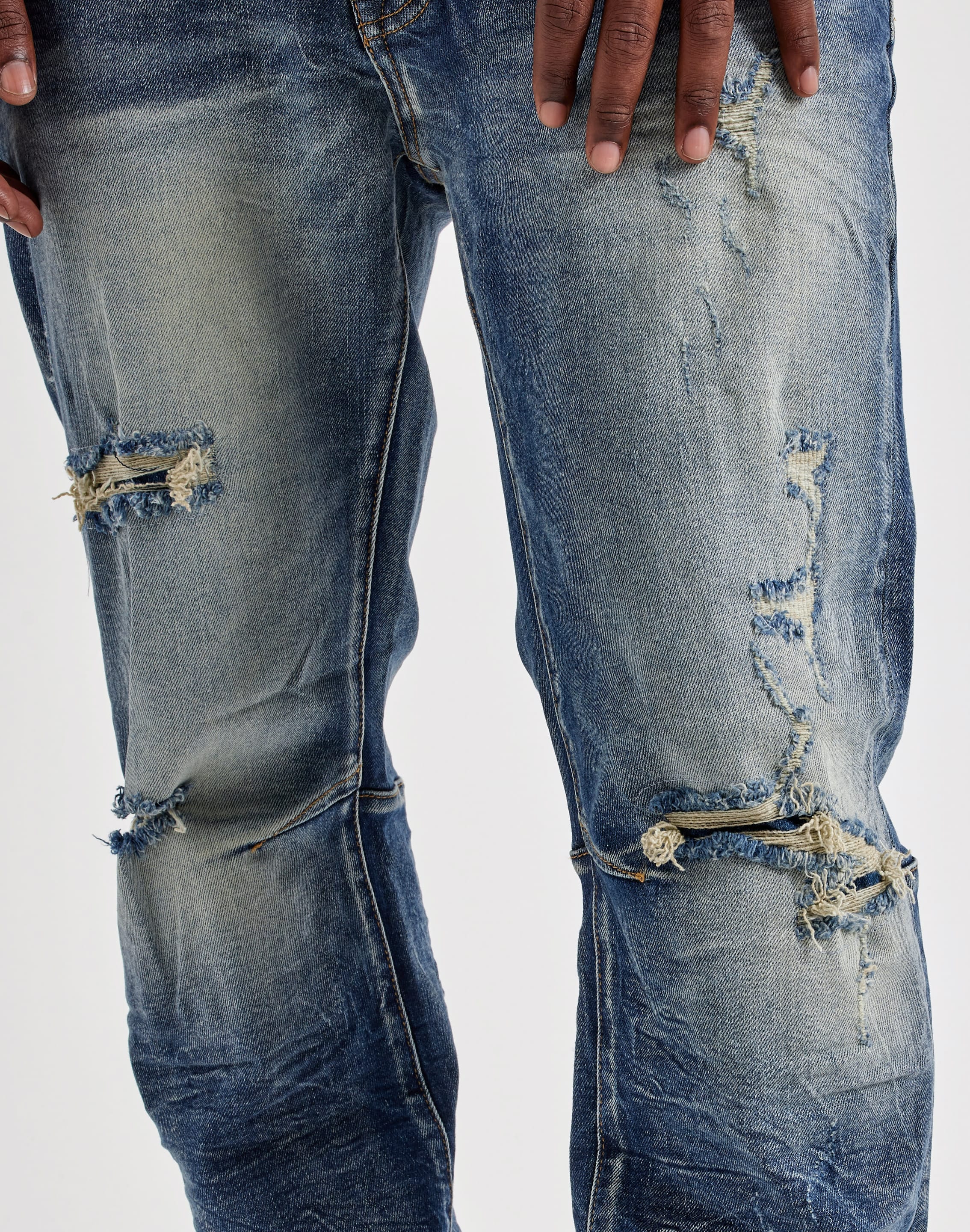 Smoke Rise Straight Whisker Distressed Denim Jeans