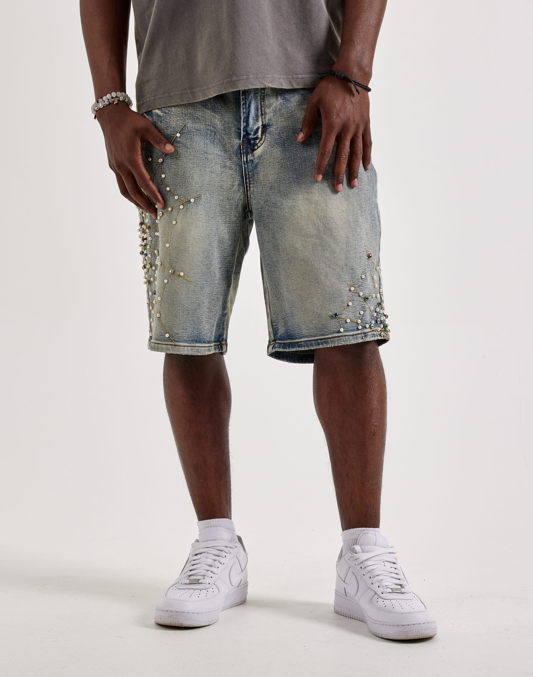 Preme Embellished Spiderweb Denim Shorts