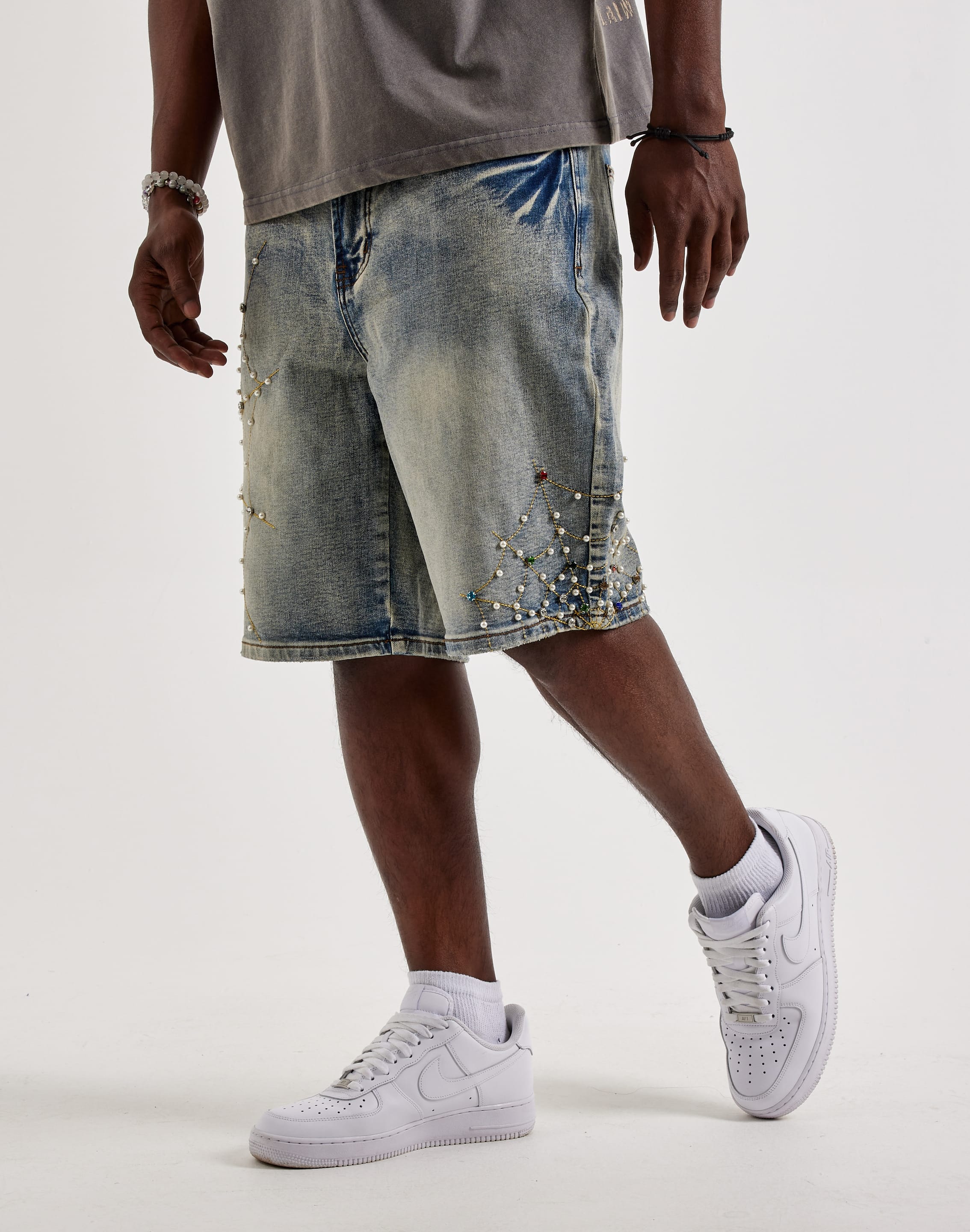 Preme Embellished Spiderweb Denim Shorts
