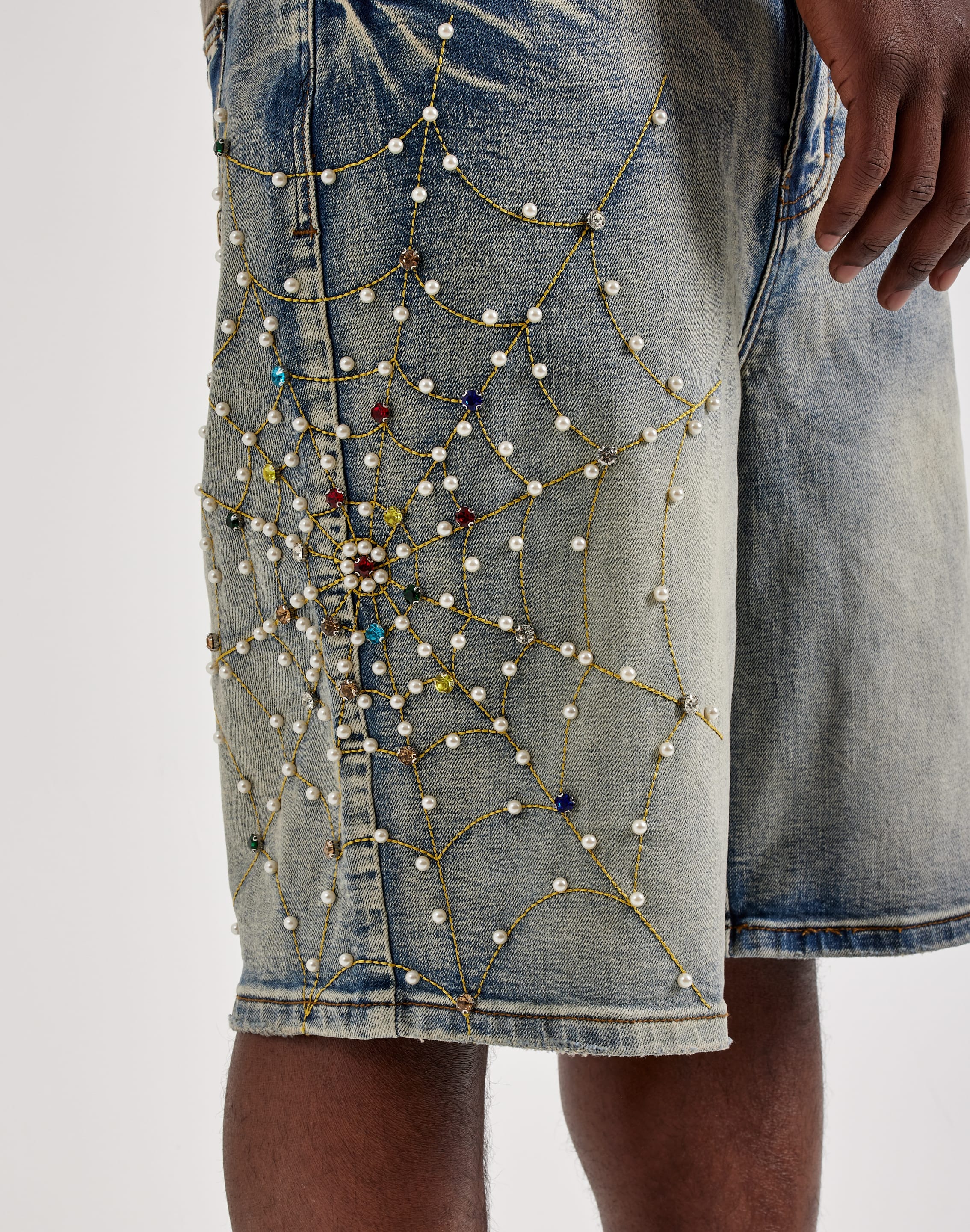 Preme Embellished Spiderweb Denim Shorts