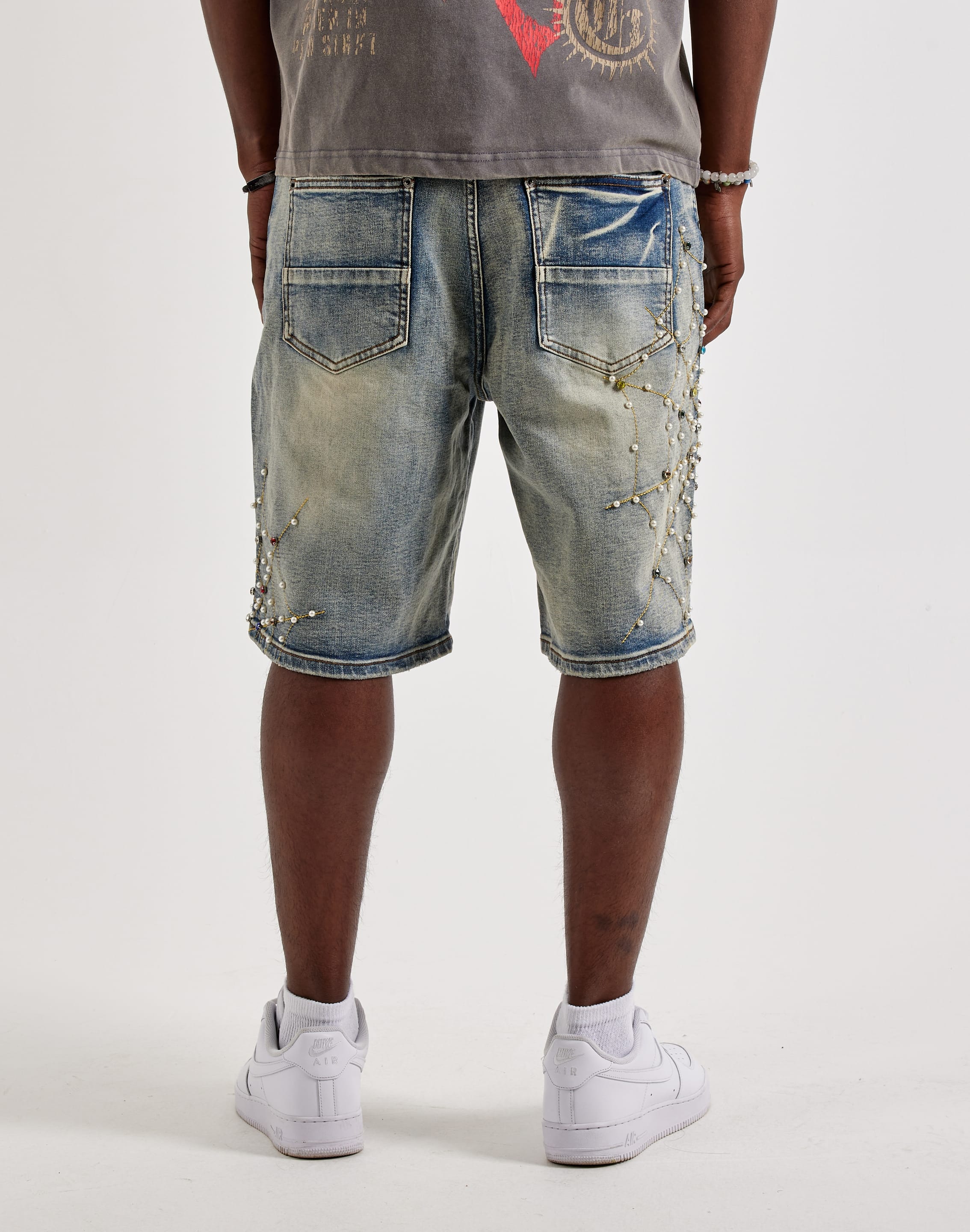 Preme Embellished Spiderweb Denim Shorts