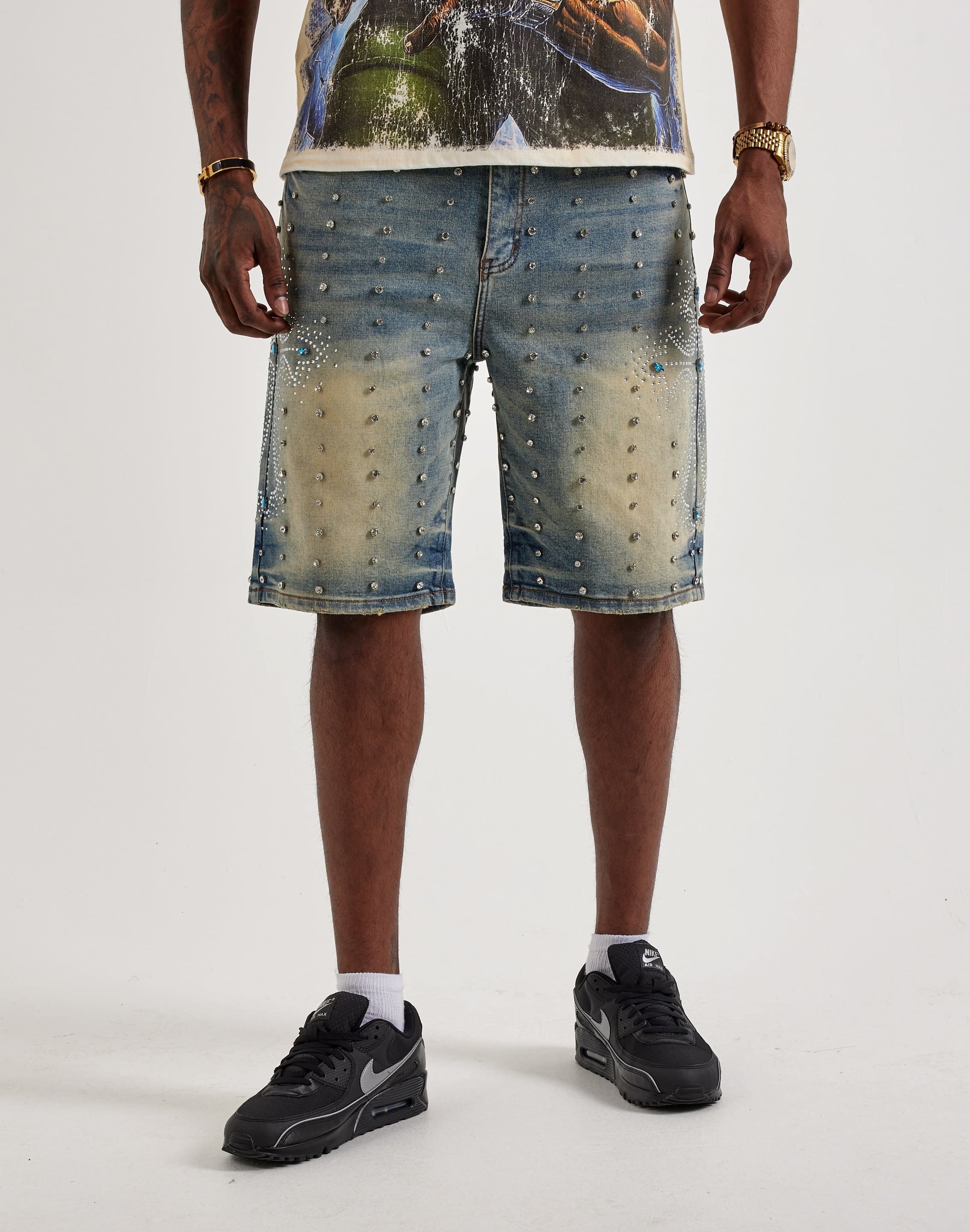 Vicious Denim Rhinestone Cross Denim Shorts