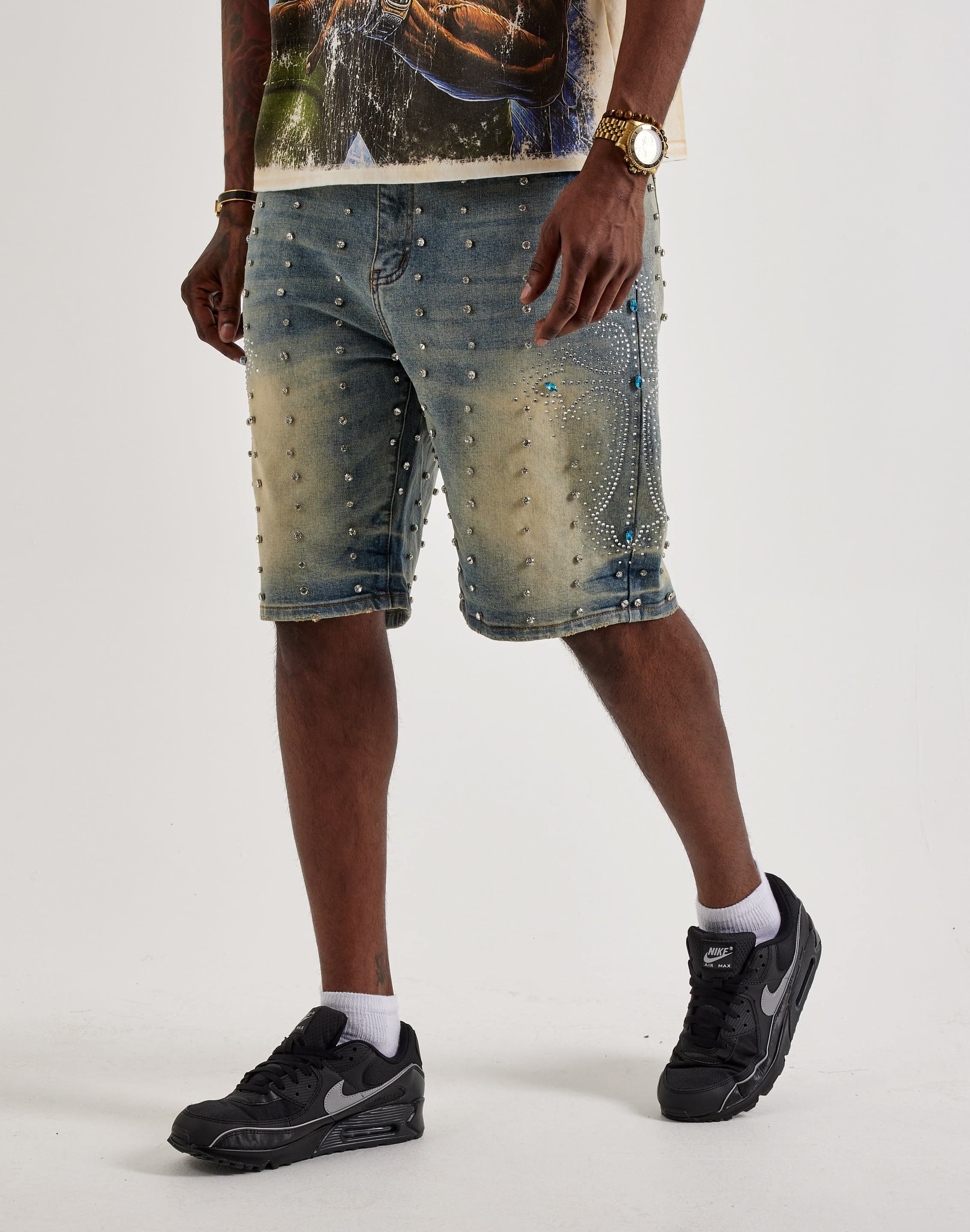 Vicious Denim Rhinestone Cross Denim Shorts
