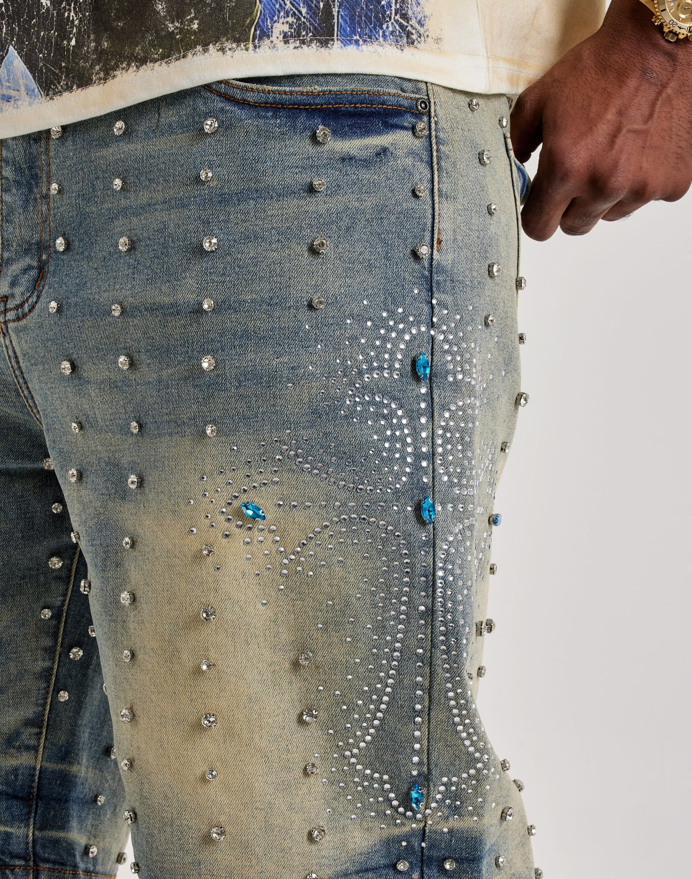 Vicious Denim Rhinestone Cross Denim Shorts