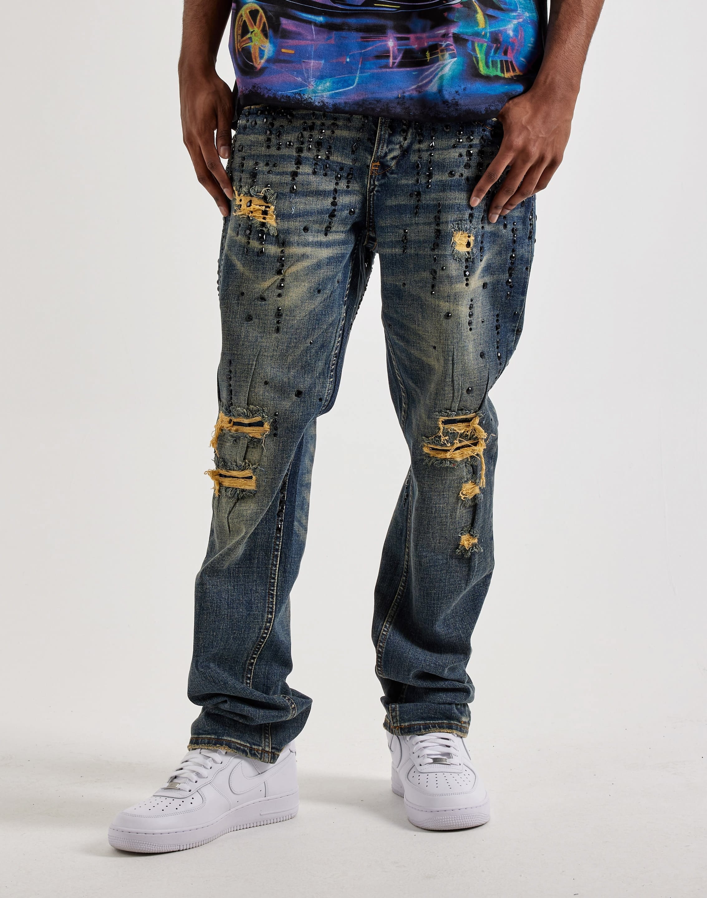 Smuggler's Moon Rhinestone Slim Distressed Denim Jeans