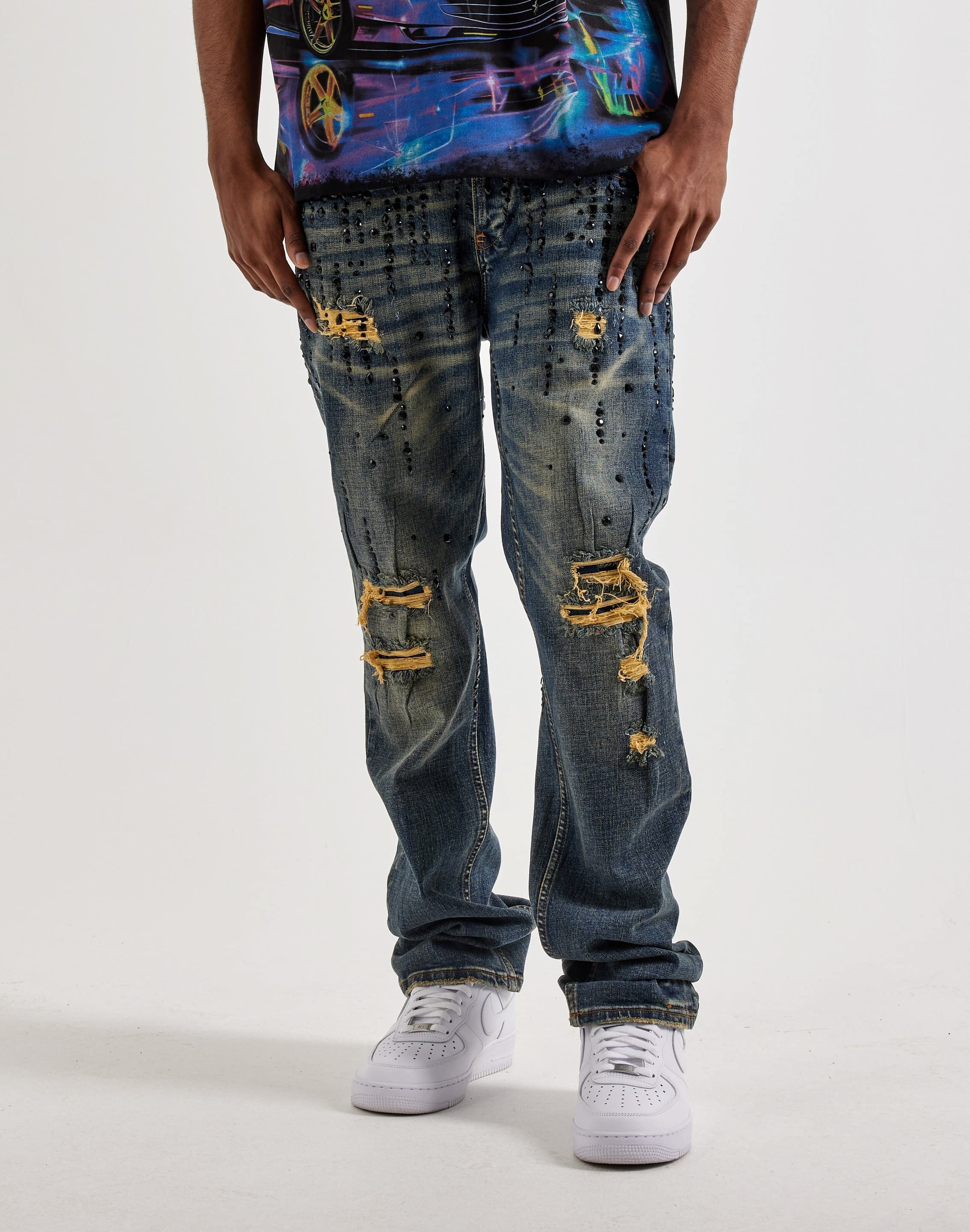 Smuggler's Moon Rhinestone Slim Distressed Denim Jeans