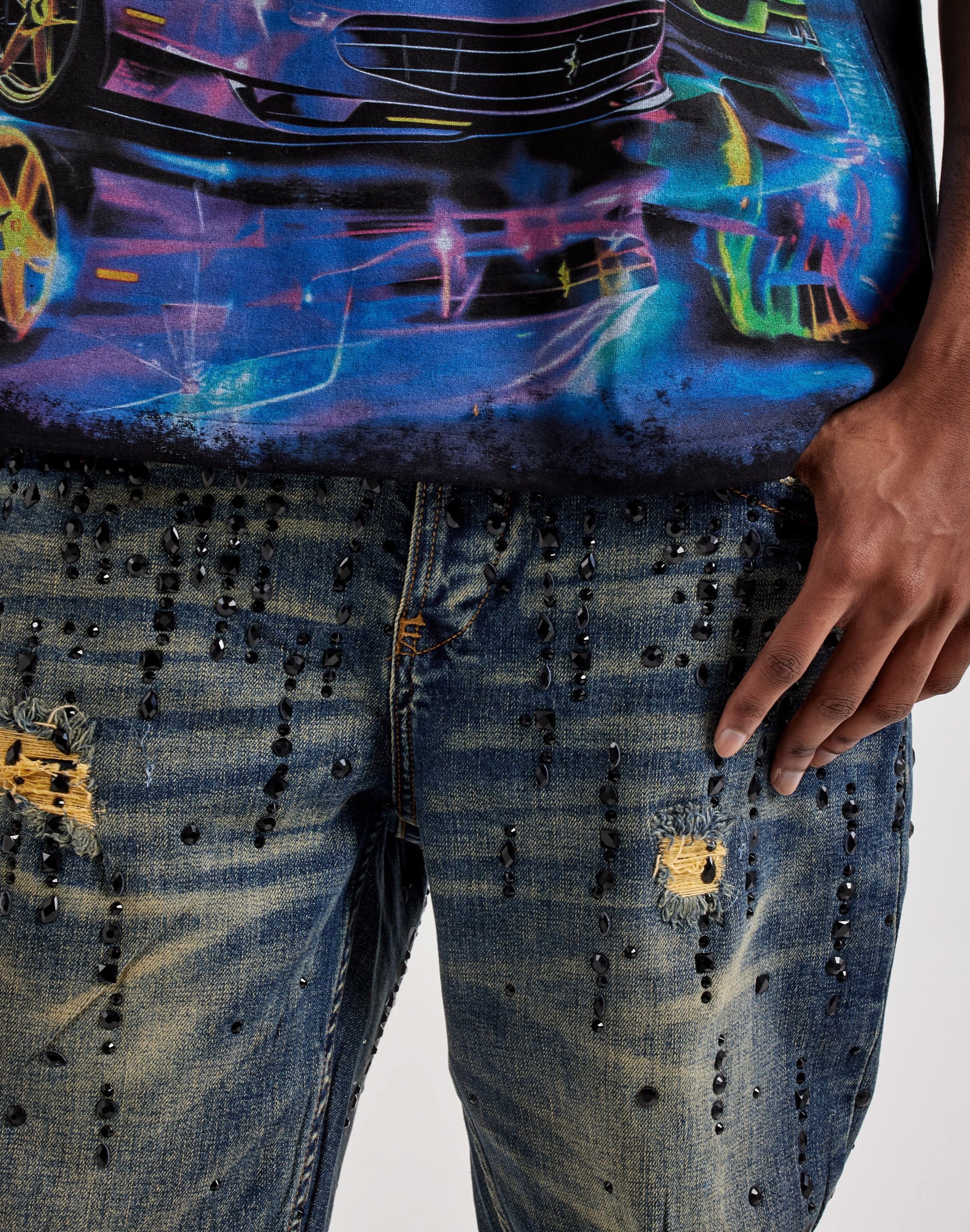 Smuggler's Moon Rhinestone Slim Distressed Denim Jeans