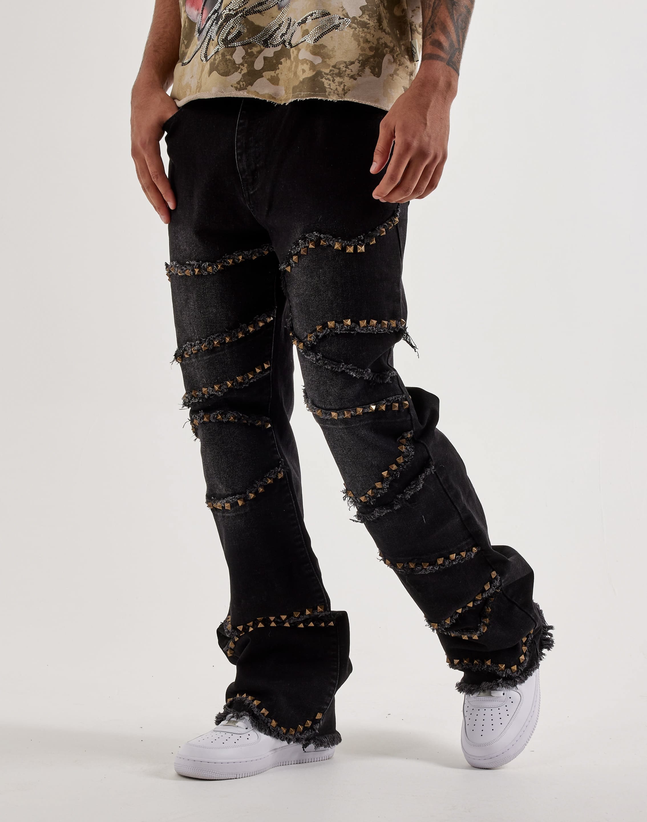Caliber Cluster Pyramid Stud Stacked Denim Jeans