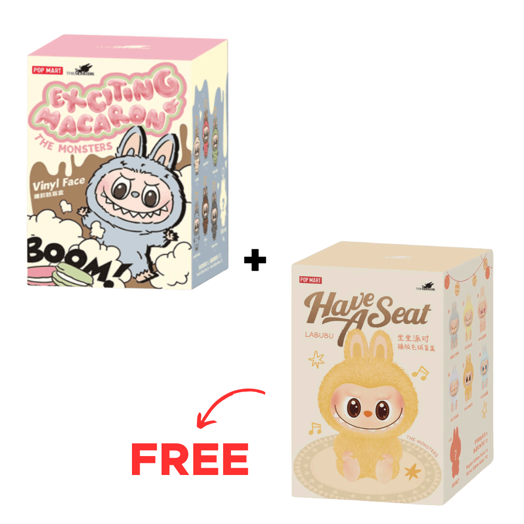 Pop Mart (Labubu) BUY 1 GET 1 FREE - Pop Mart Labubu The Monsters Tasty Macarons + Have a Seat Vinyl Face Sealed Case Pack of 2