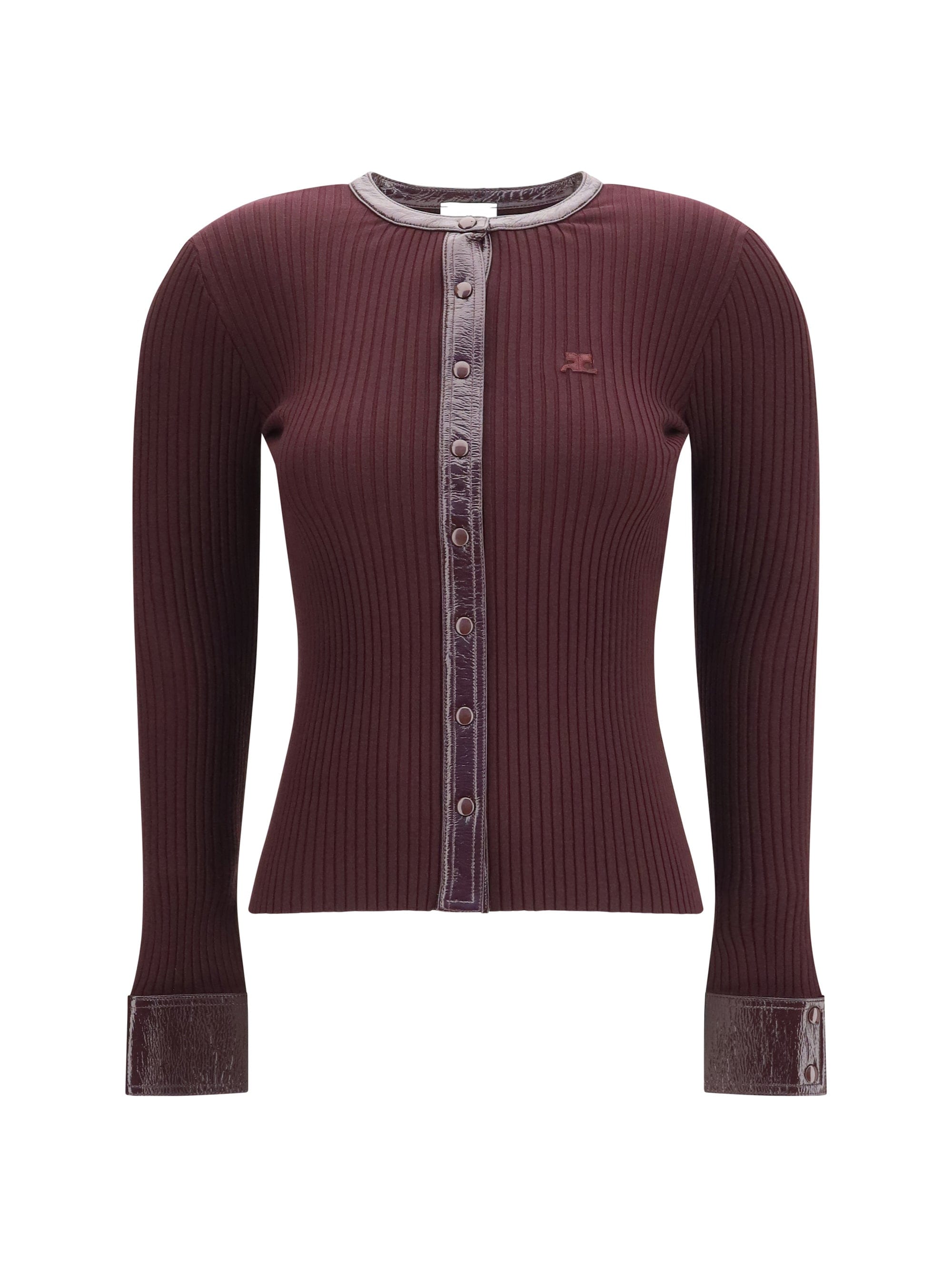 CourrèGes Vinyl and Ribbed Knit Cardigan — Burgundy
