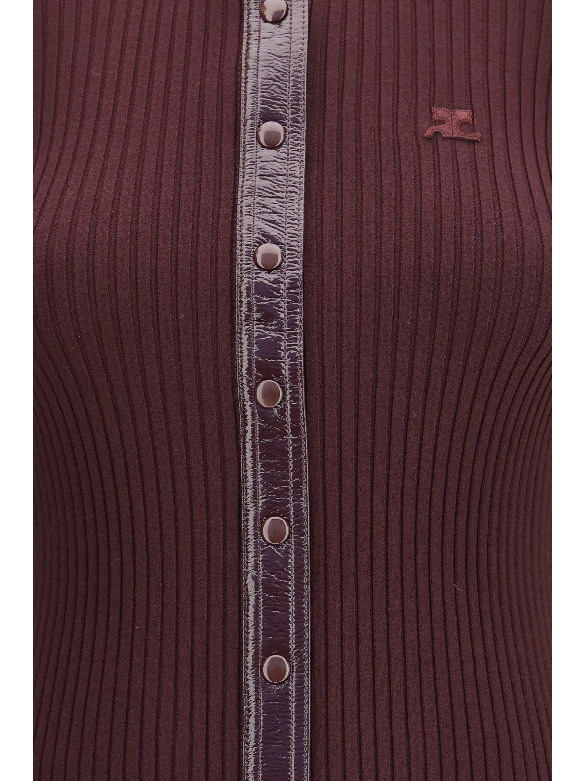 CourrèGes Vinyl and Ribbed Knit Cardigan — Burgundy
