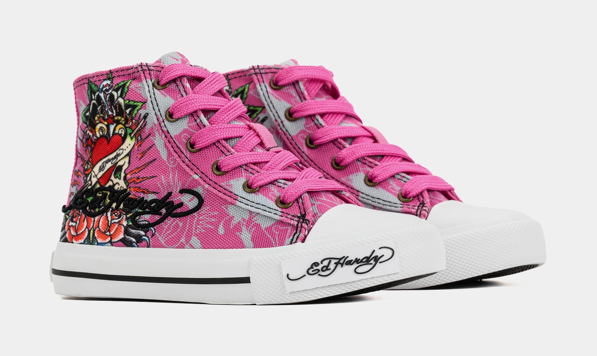ED HARDY Skull High Top Preschool Lifestyle Shoes (Pink/White)