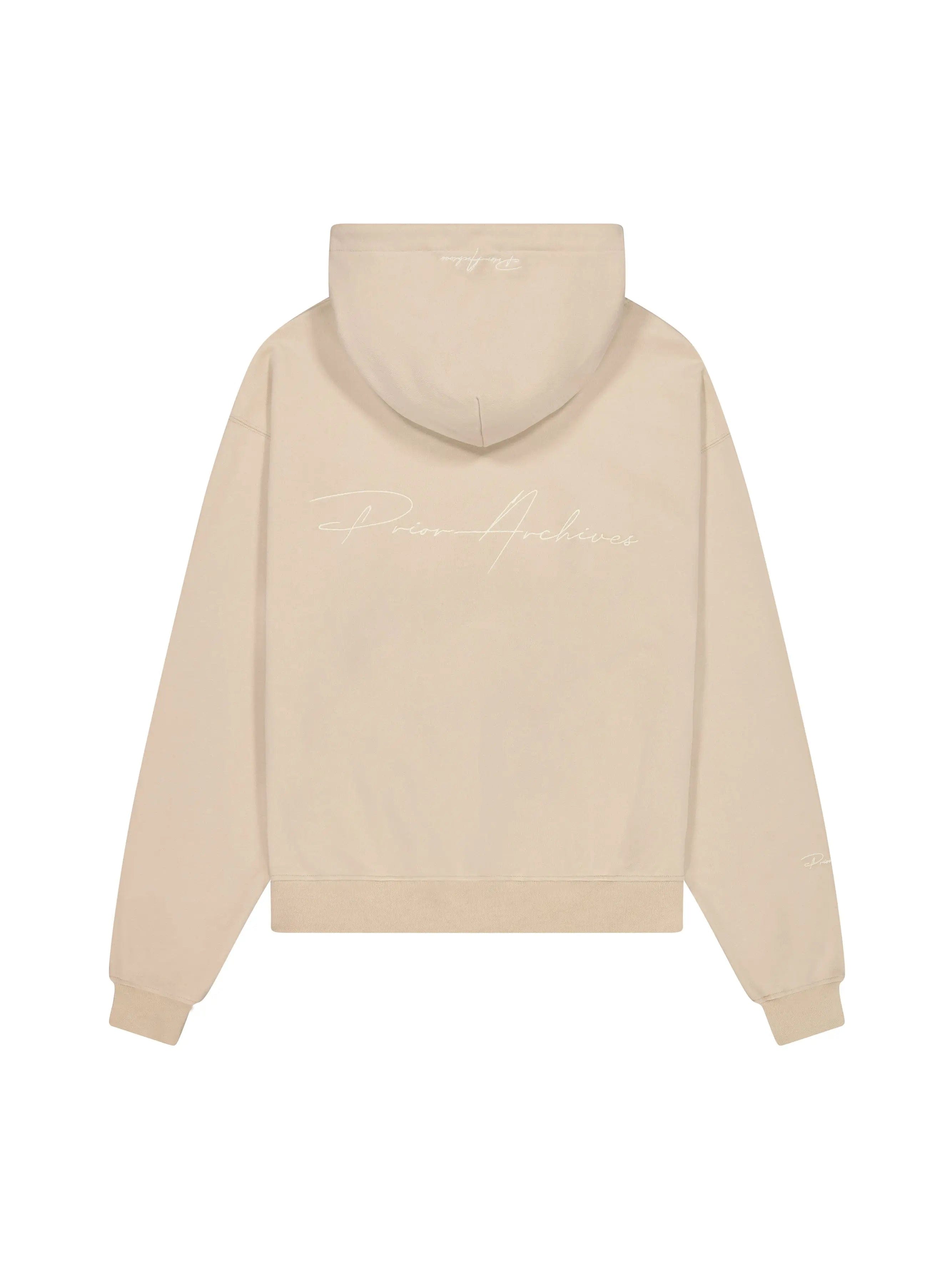 Prior Archives Prior Embroidery Logo Oversized Cropped Hoodie Sesame