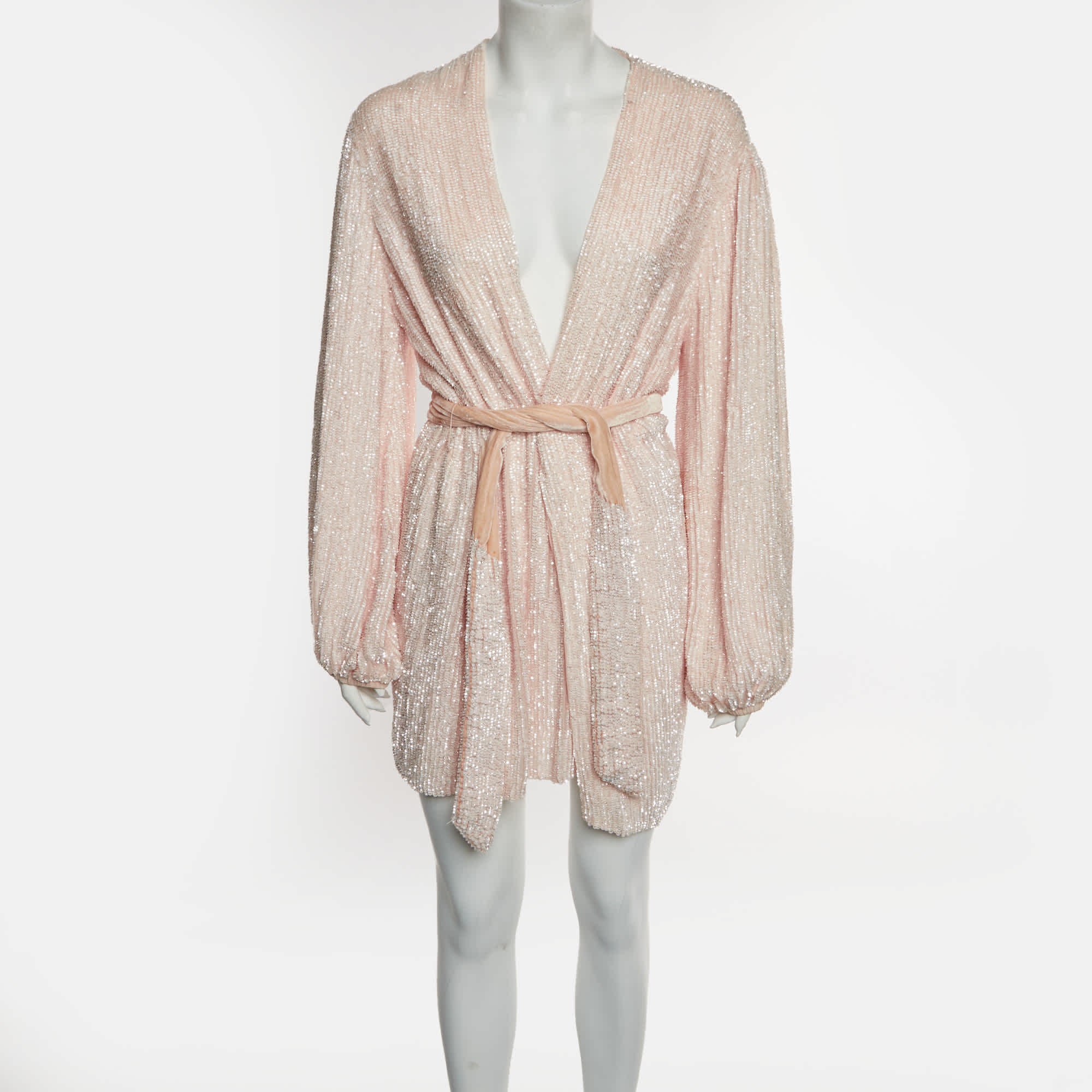 Retrofete Pink Sequin And Velvet Belted Mini Robe Dress