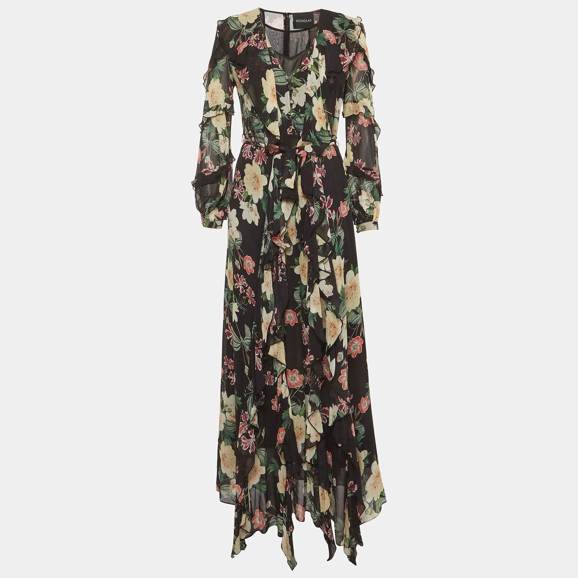 Nicholas Black Floral Print Chiffon Ruffle Maxi Dress