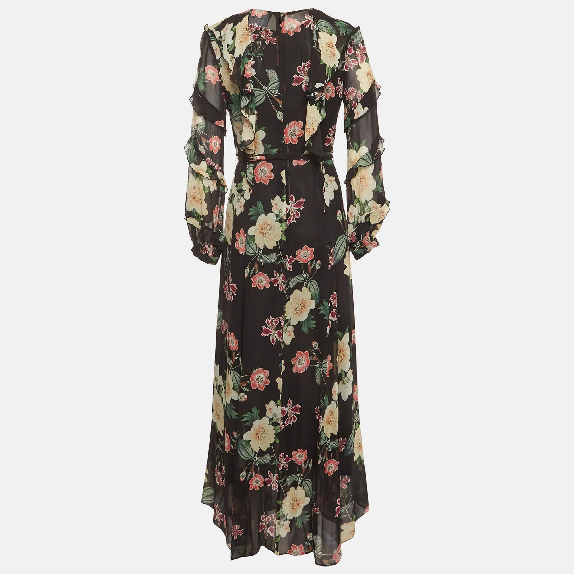 Nicholas Black Floral Print Chiffon Ruffle Maxi Dress