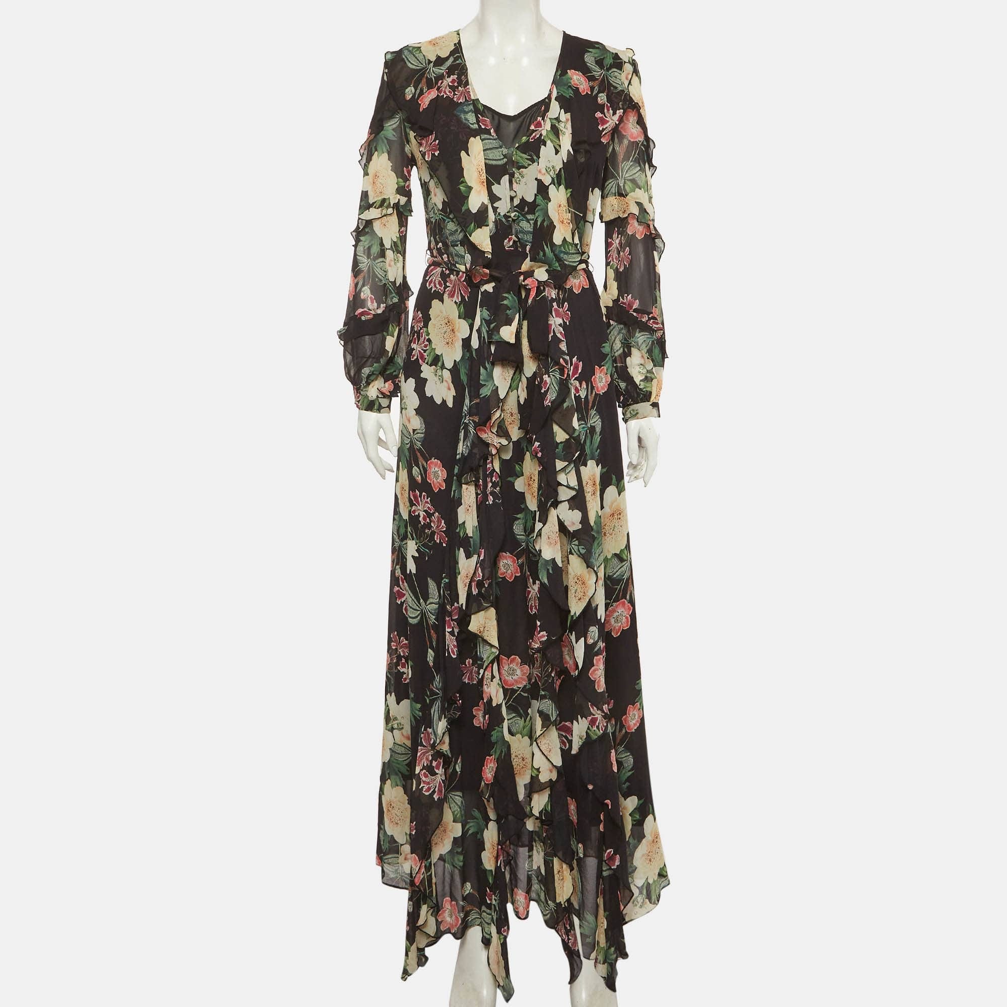 Nicholas Black Floral Print Chiffon Ruffle Maxi Dress