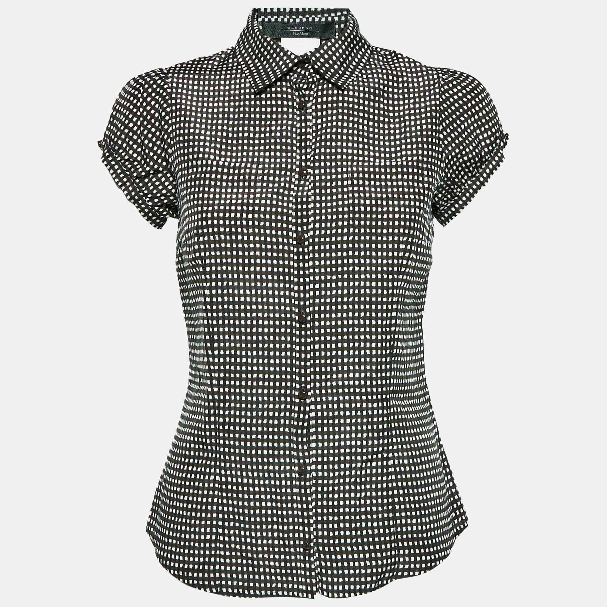 Weekend Max Mara Brown Check Print Silk Blend Puff Sleeve Blouse