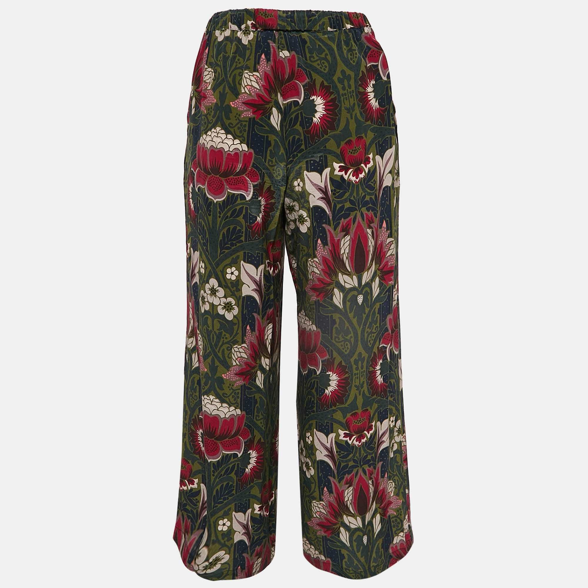 Weekend Max Mara Green Floral Print Silk Wide - Leg Pants