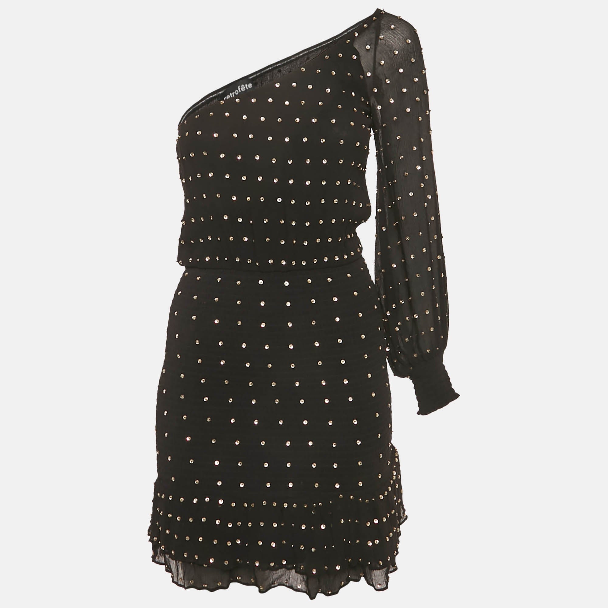 Retrofete Black Sequin Embellished Silk One Shoulder Mini Dress