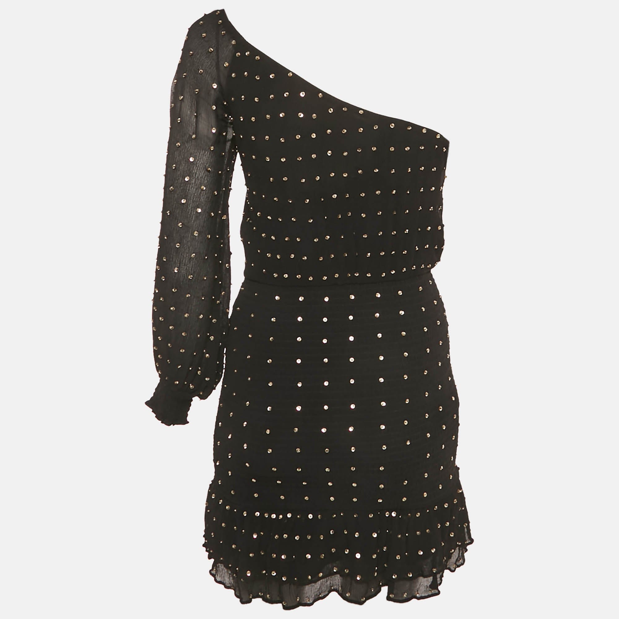 Retrofete Black Sequin Embellished Silk One Shoulder Mini Dress