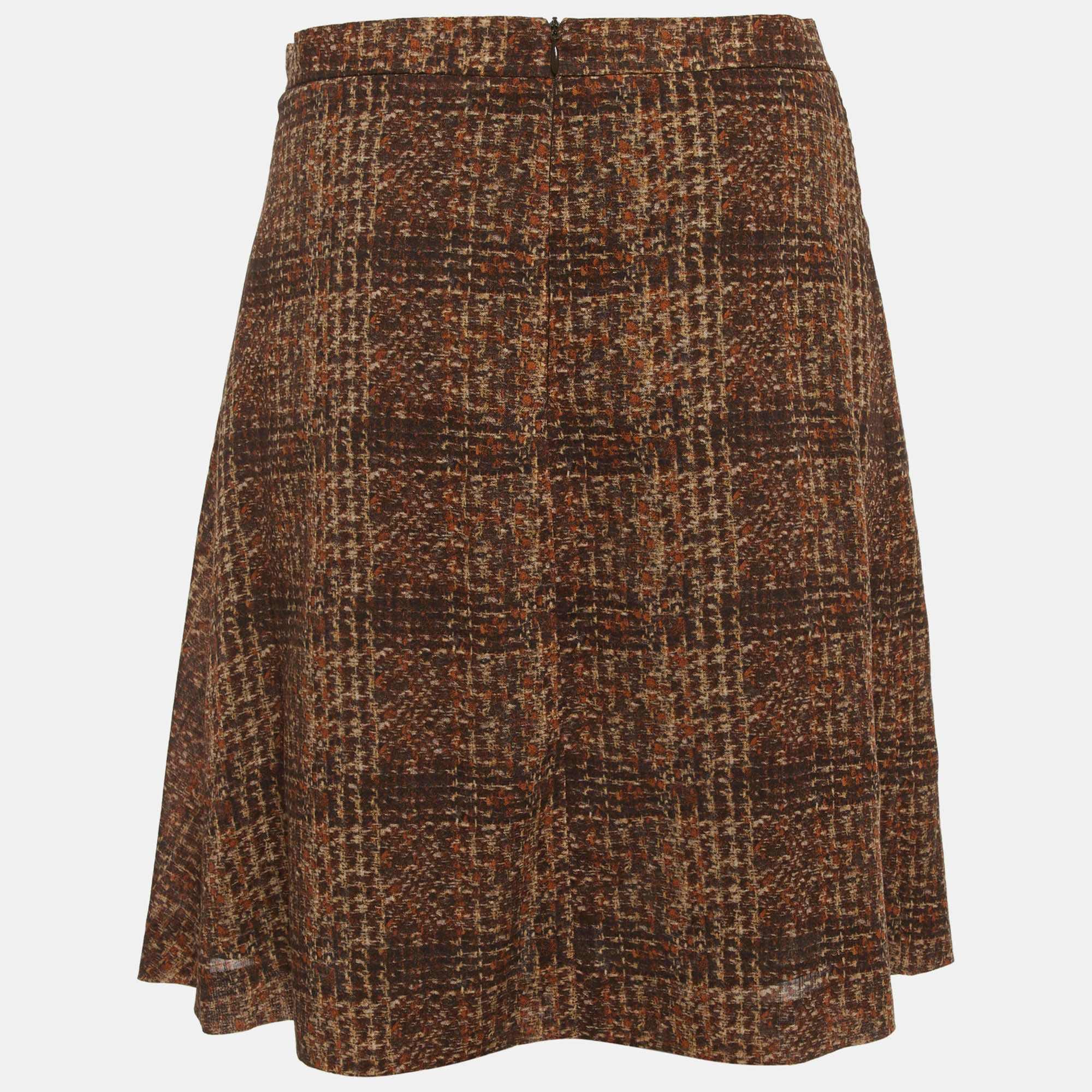 Weekend Max Mara Brown Plaid Pattern Cotton Pleated Mini Skirt