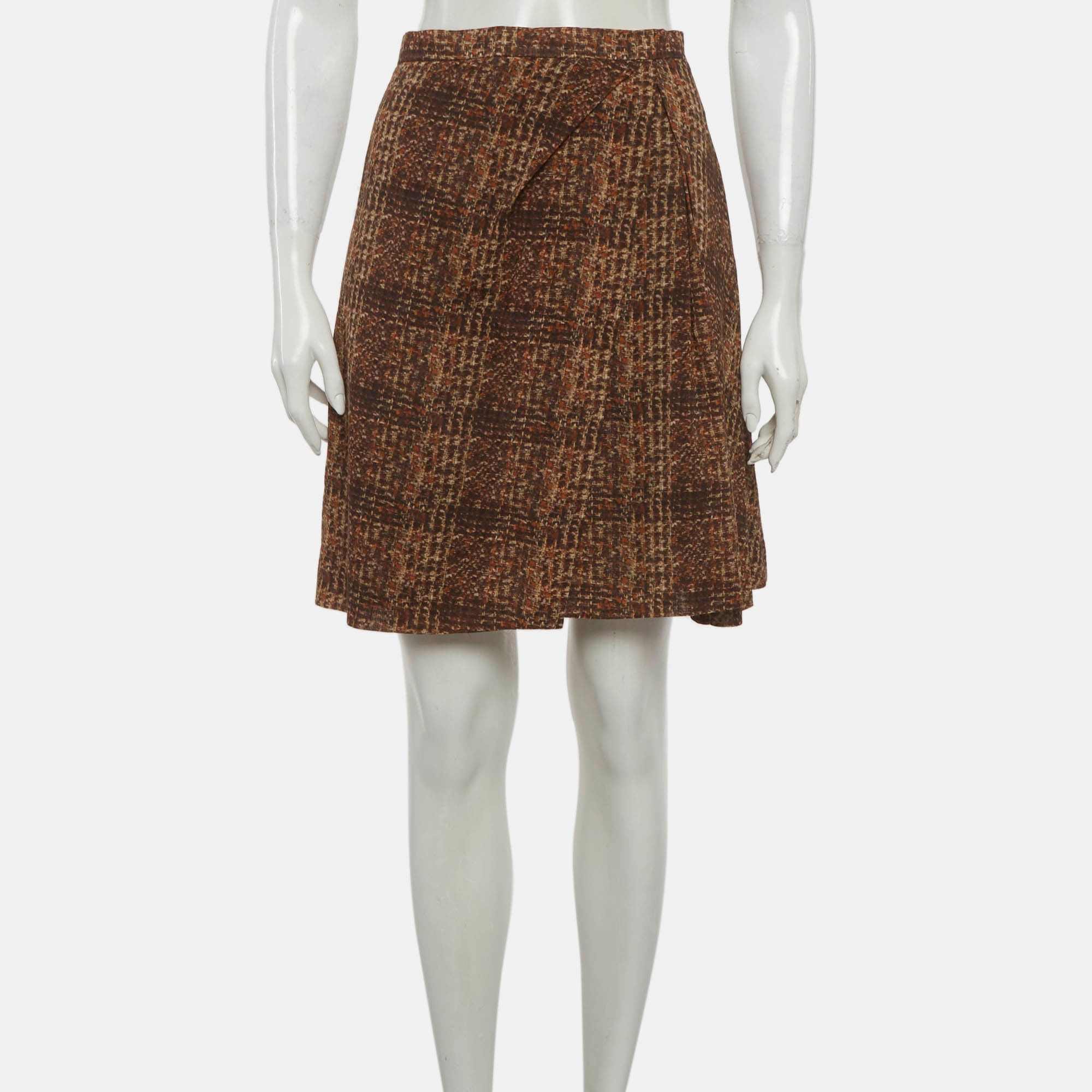 Weekend Max Mara Brown Plaid Pattern Cotton Pleated Mini Skirt