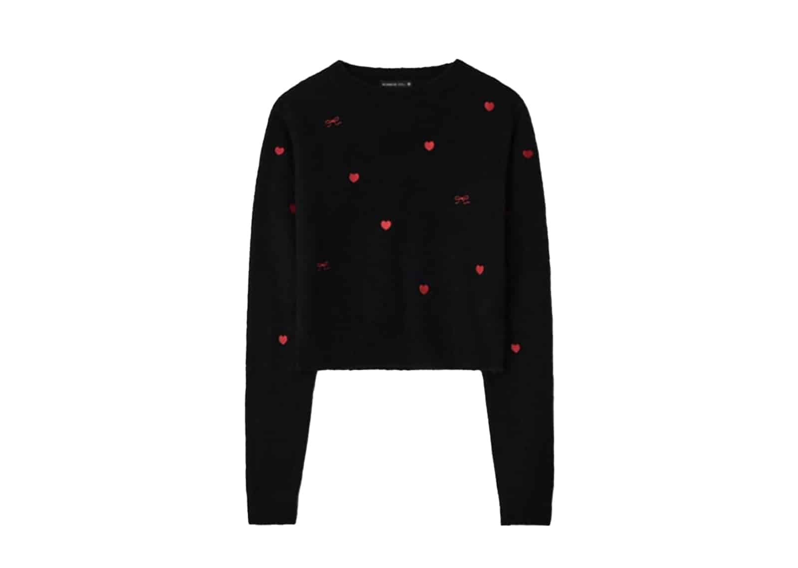 Ronron Ribbon Heart Pattern Hairy Knit Pullover Black Red